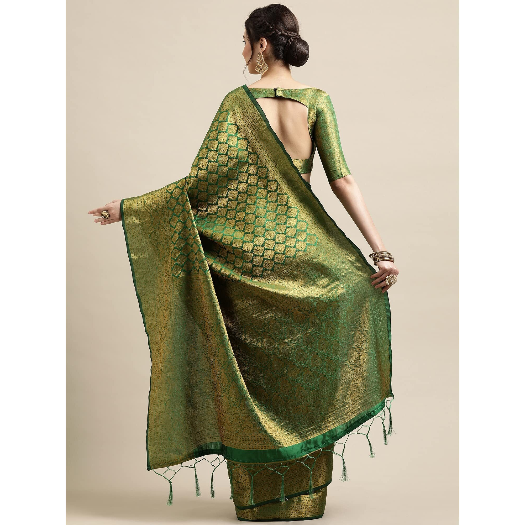 AKHILAM Womens Kanjivaram Banarasi Silk Woven Design Saree With Unstitched Blouse Piece (Green_2REEVA2001)