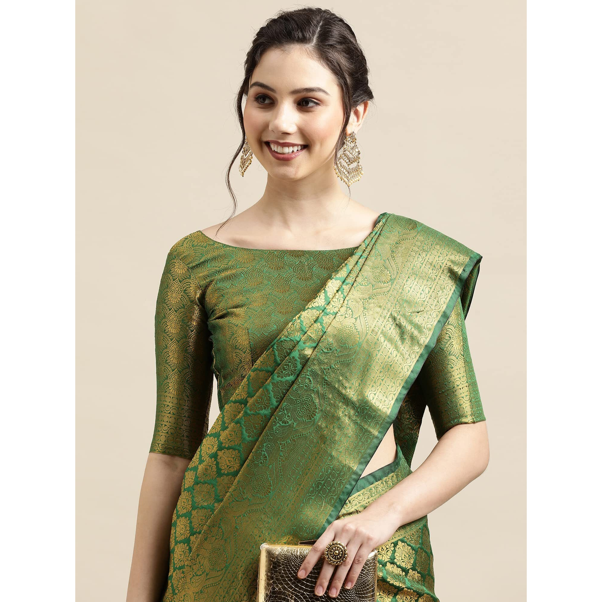 AKHILAM Womens Kanjivaram Banarasi Silk Woven Design Saree With Unstitched Blouse Piece (Green_2REEVA2001)
