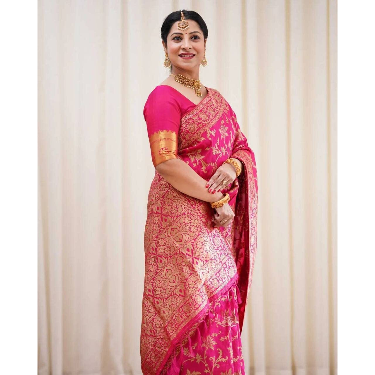 C J Enterprise Womens Pure Soft Kanjivaram Silk Saree for Wedding Kanchipuram Pattu Sarees Banarasi Cotton Latest Sari With Blouse Piece Design Wear ladies new sadi 2023 Party 2024 (Navya Rani Pink)