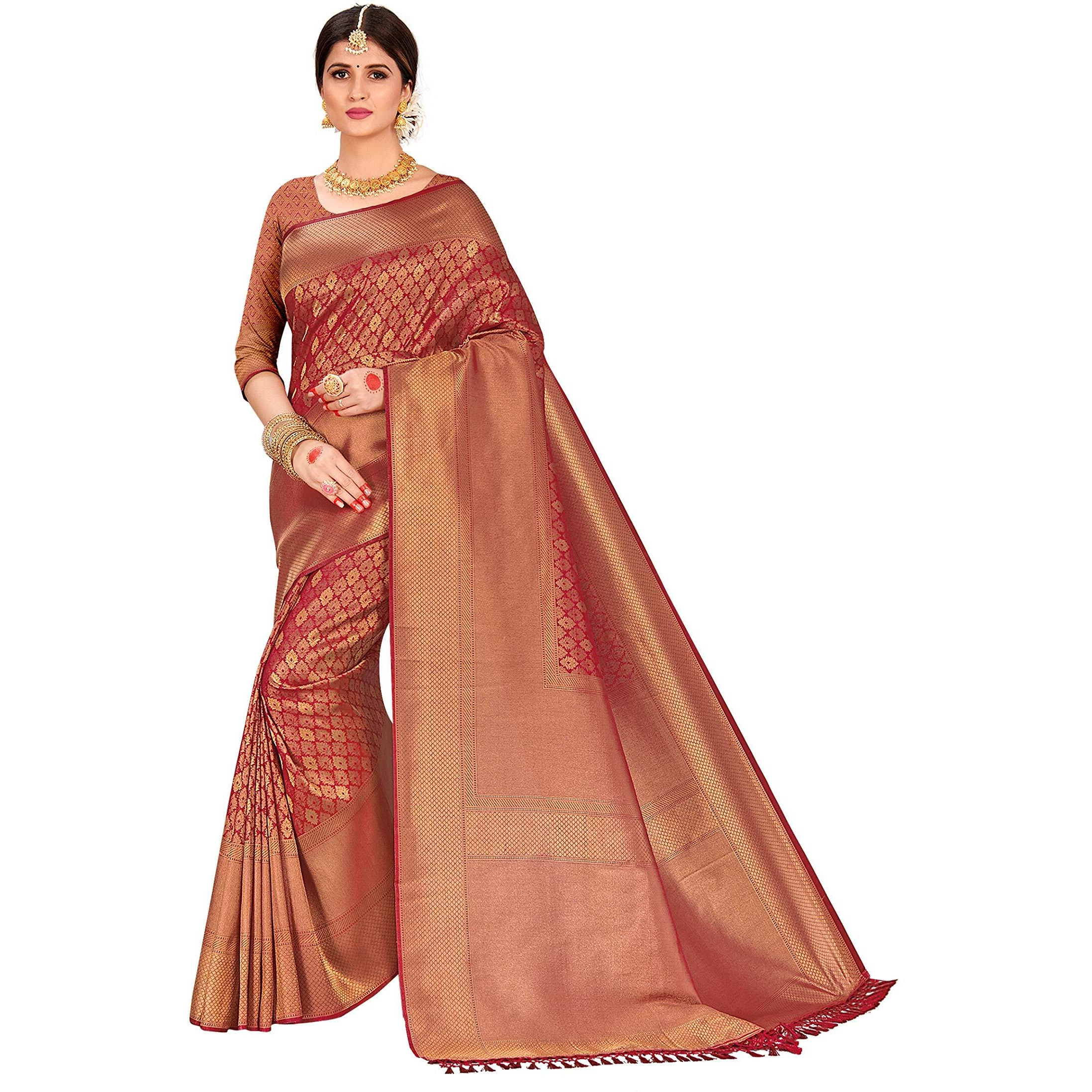 Vardha Womens Kanchipuram Raw Silk Saree with Unstitched Blouse Piece - Zari Woven Work Sarees for Wedding (Kanchipuram Silk, 334, Maroon)