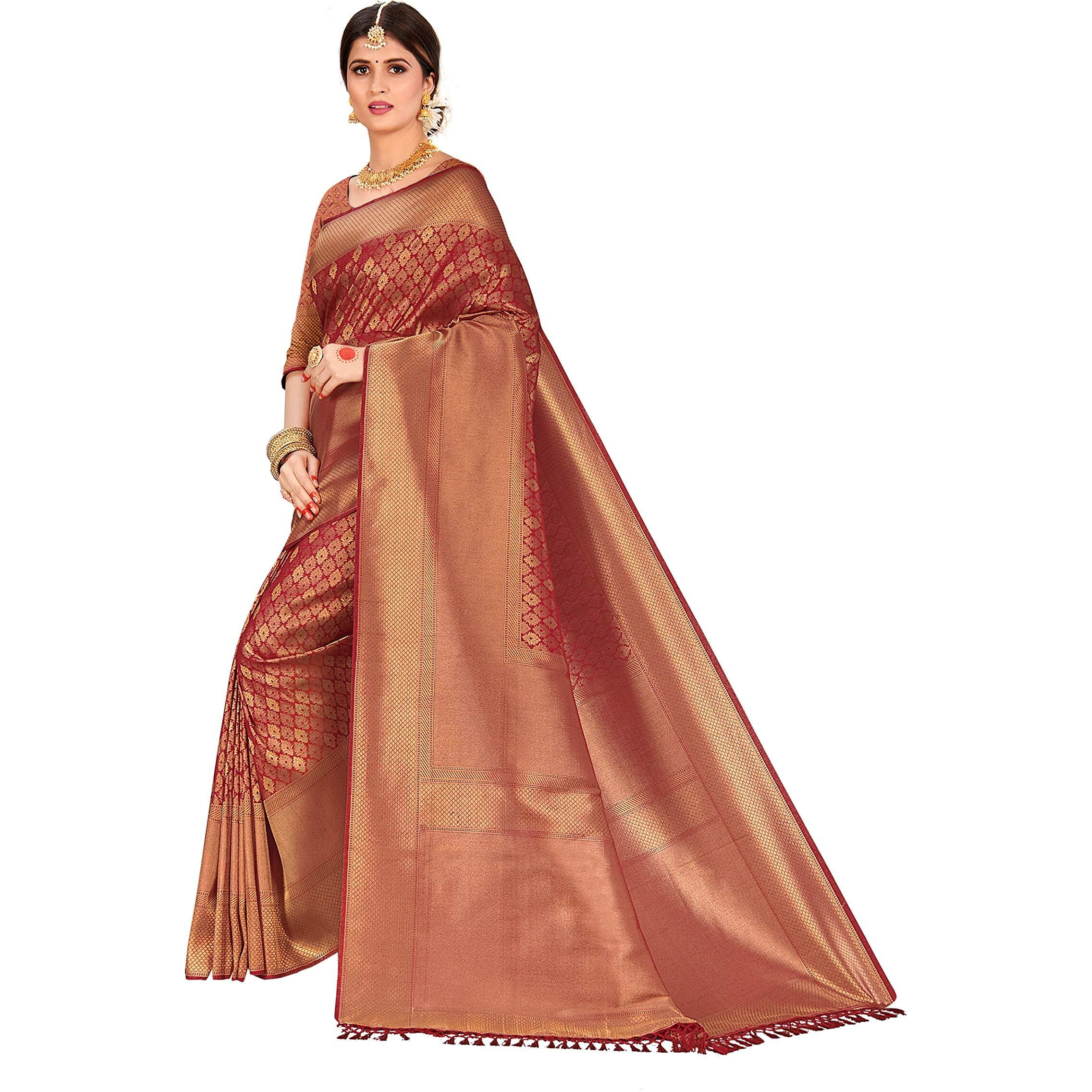 Vardha Womens Kanchipuram Raw Silk Saree with Unstitched Blouse Piece - Zari Woven Work Sarees for Wedding (Kanchipuram Silk, 334, Maroon)