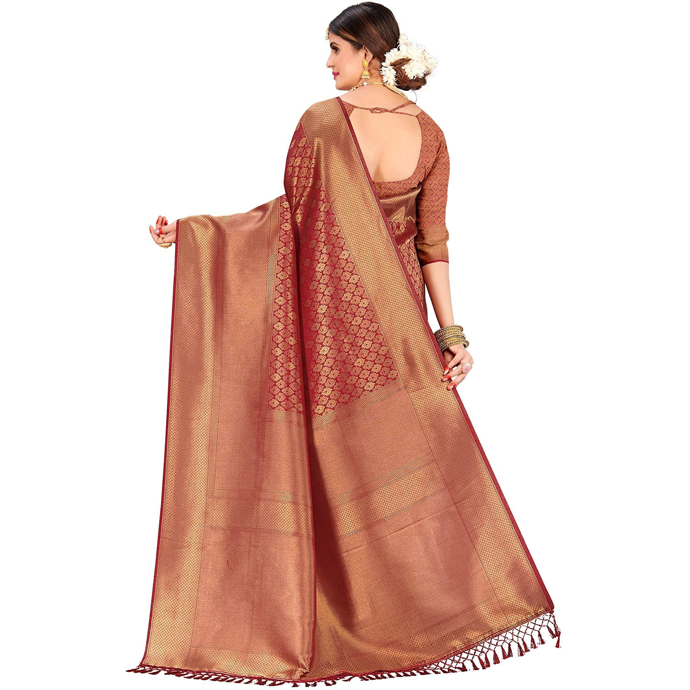 Vardha Womens Kanchipuram Raw Silk Saree with Unstitched Blouse Piece - Zari Woven Work Sarees for Wedding (Kanchipuram Silk, 334, Maroon)