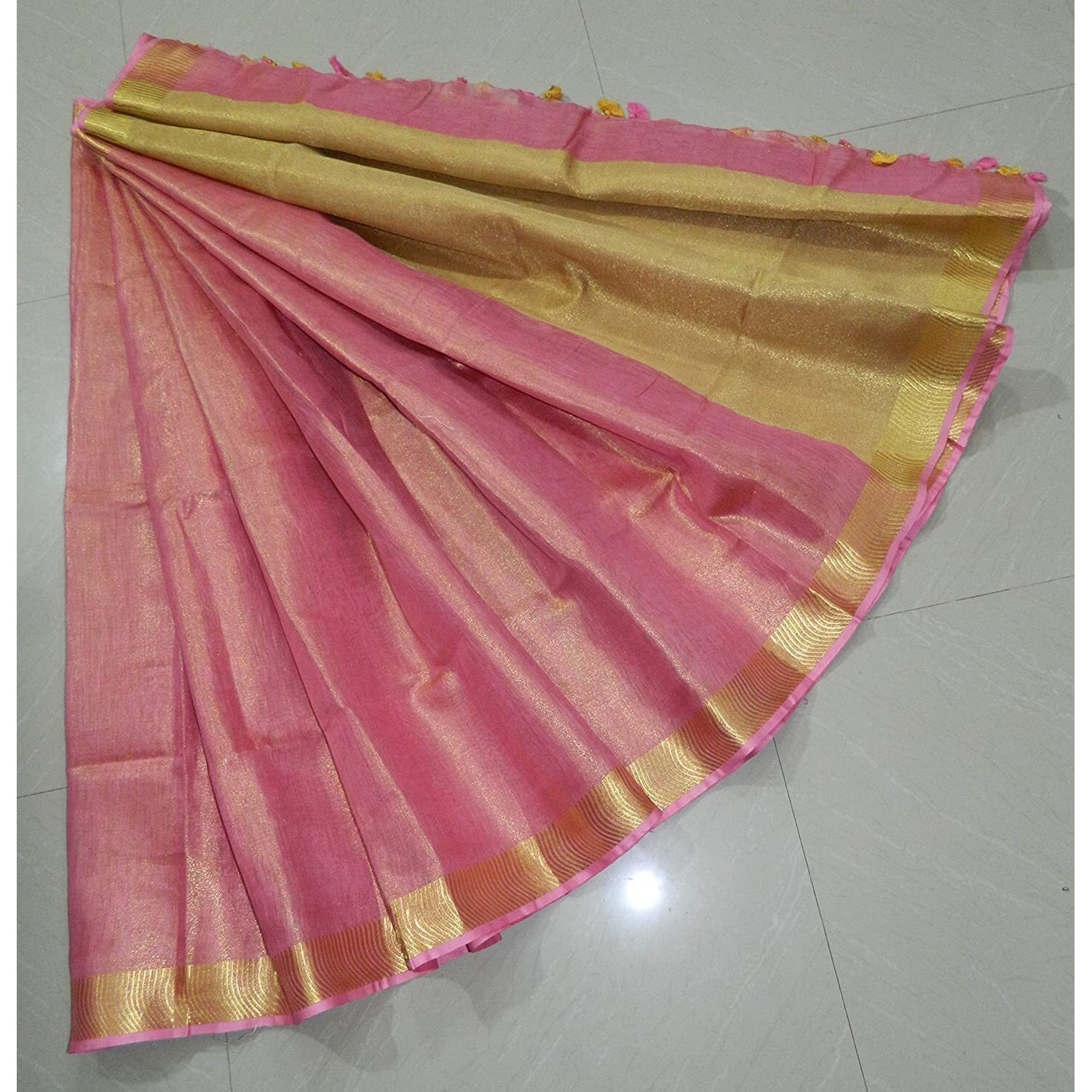 HAIDER ALI AND SONS Pure Tissue Linen Ethnic Wear Saree For Womens (With Blouse) (PEACH)