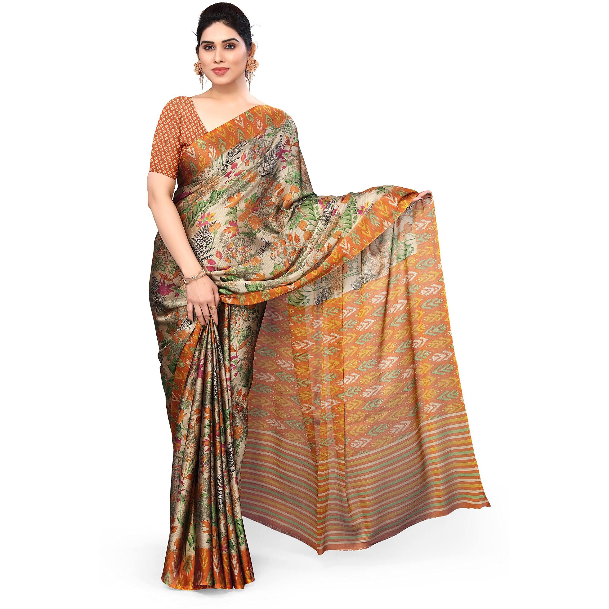 MIRCHI FASHION Womens Plain Weave Chiffon Leaf and Blocks Printed Saree with Blouse Piece (38323-Beige, Rust)