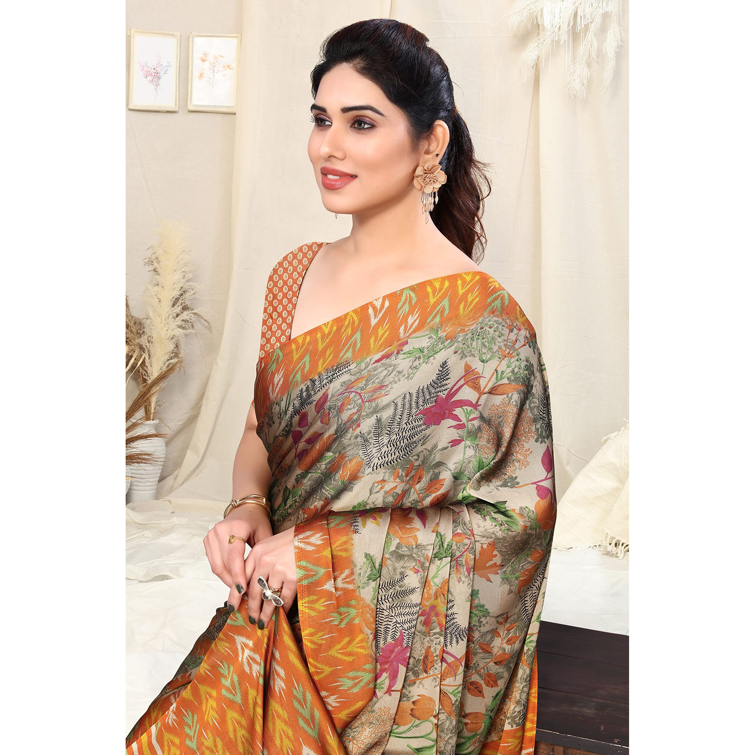 MIRCHI FASHION Womens Plain Weave Chiffon Leaf and Blocks Printed Saree with Blouse Piece (38323-Beige, Rust)