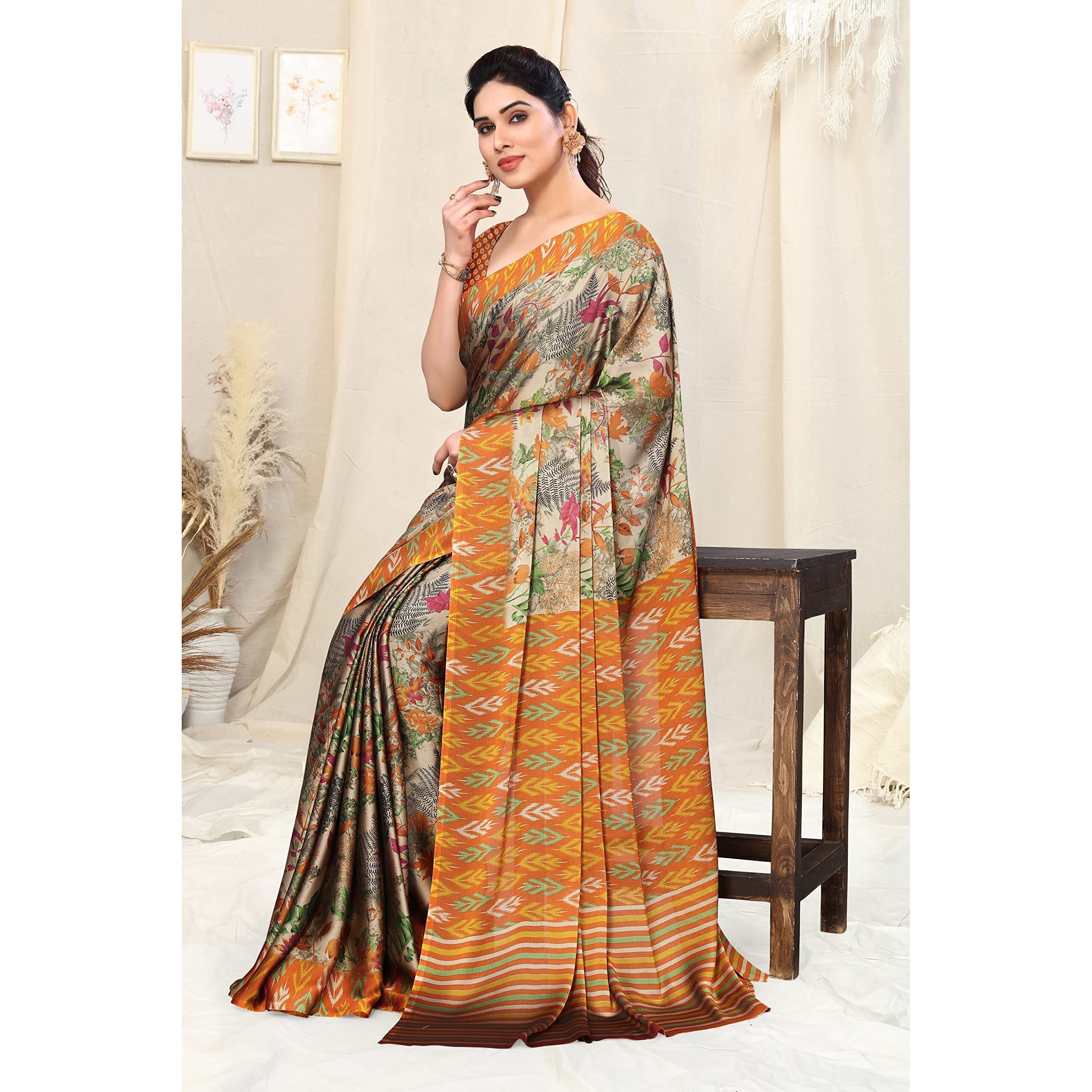 MIRCHI FASHION Womens Plain Weave Chiffon Leaf and Blocks Printed Saree with Blouse Piece (38323-Beige, Rust)