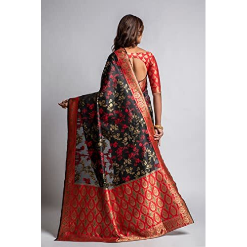 Lilots Womens Designer Banarasi Silk Jacquard Designer Saree With Blouse Piece (Black)