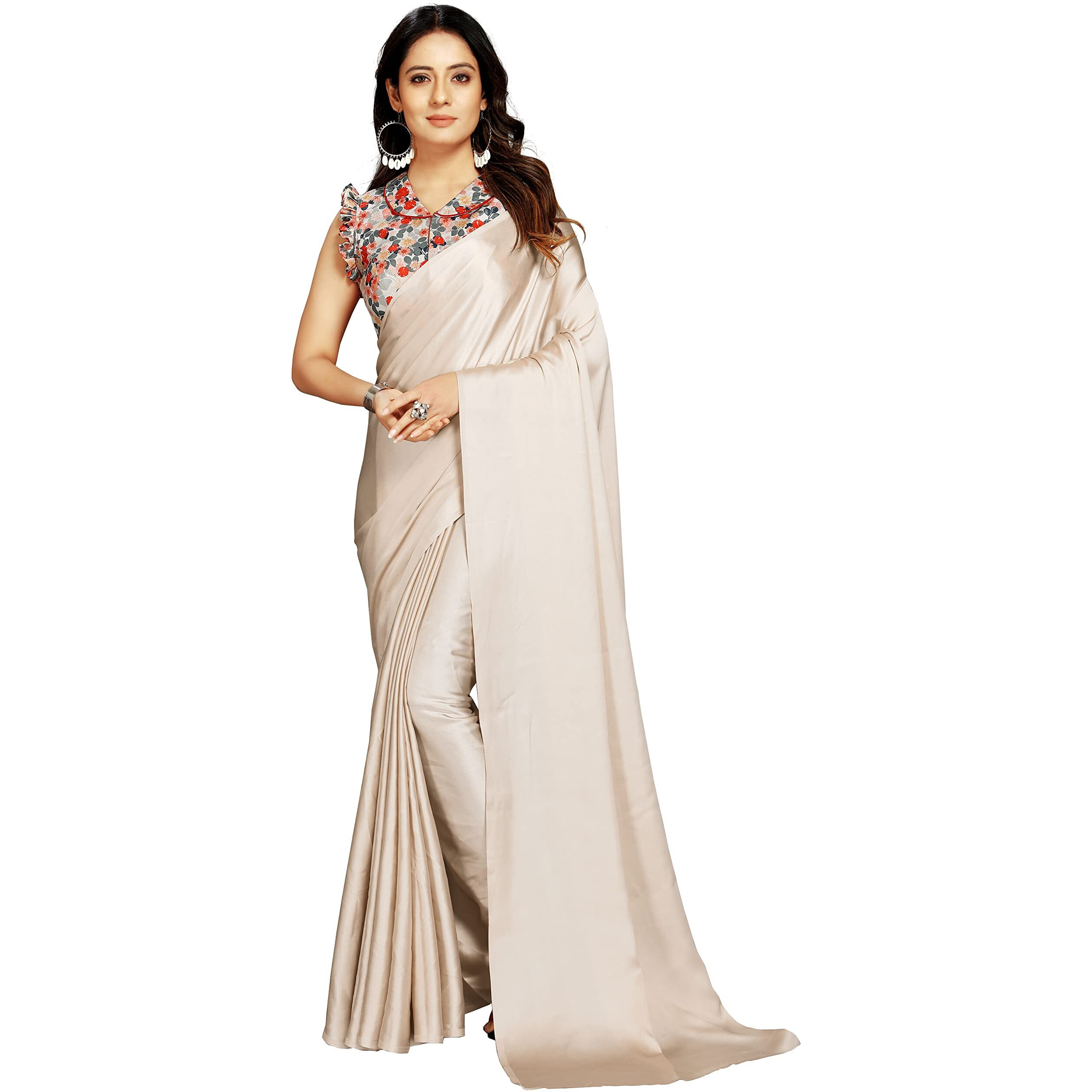 DHYANOM Womens Banarasi Satin Silk Plain Saree with Designer Blouse Piece Digital Printed (Beige)