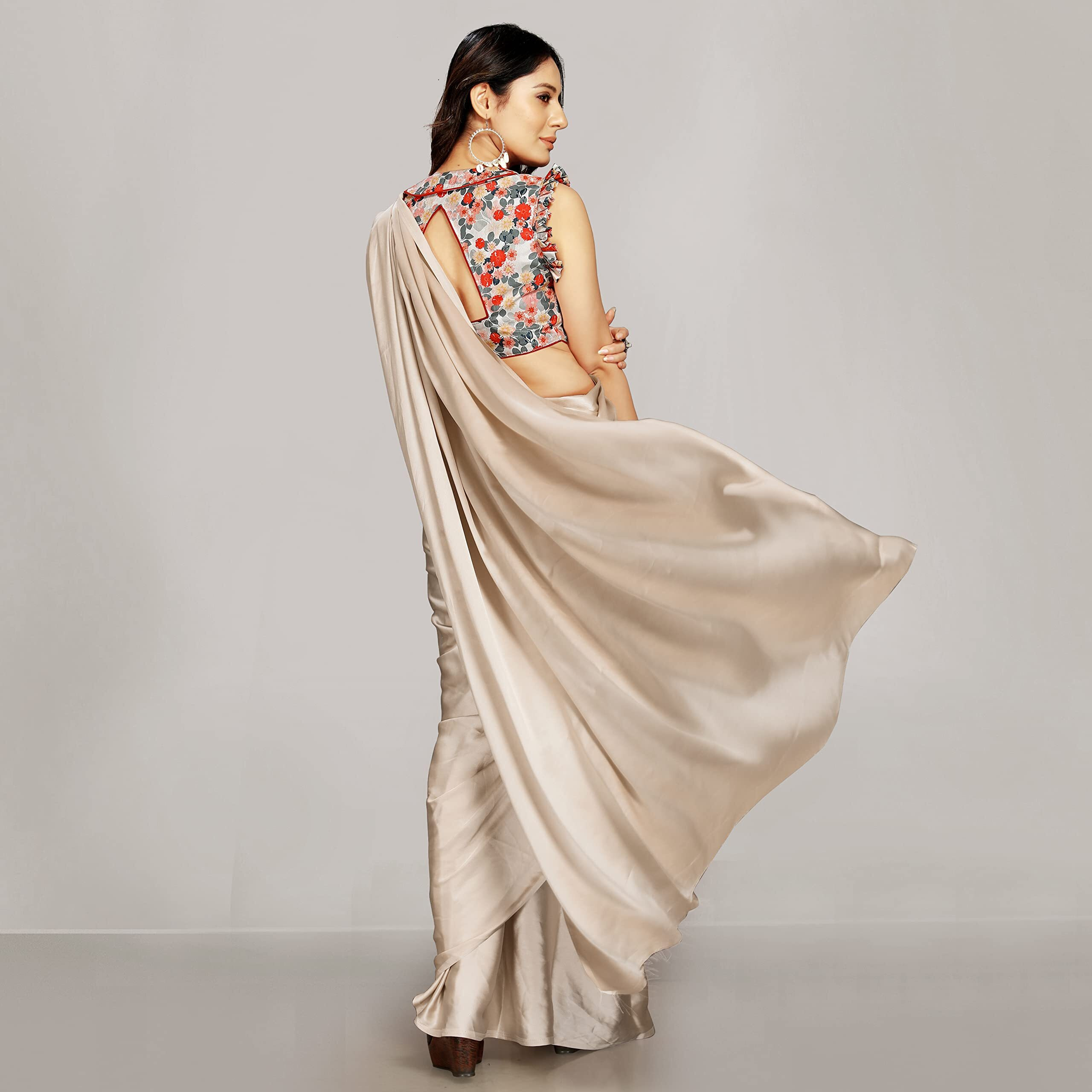 DHYANOM Womens Banarasi Satin Silk Plain Saree with Designer Blouse Piece Digital Printed (Beige)