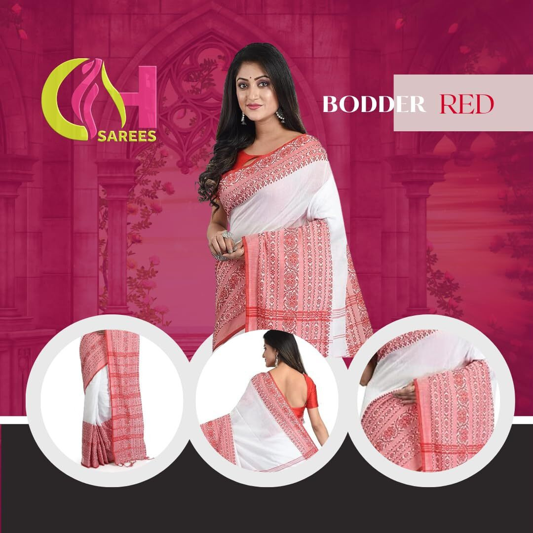 CHHANDA HANDLOOM SAREES Womens Pure Cotton Saree  Bengali Sarees White and Red Border White Saree with Attached Blouse