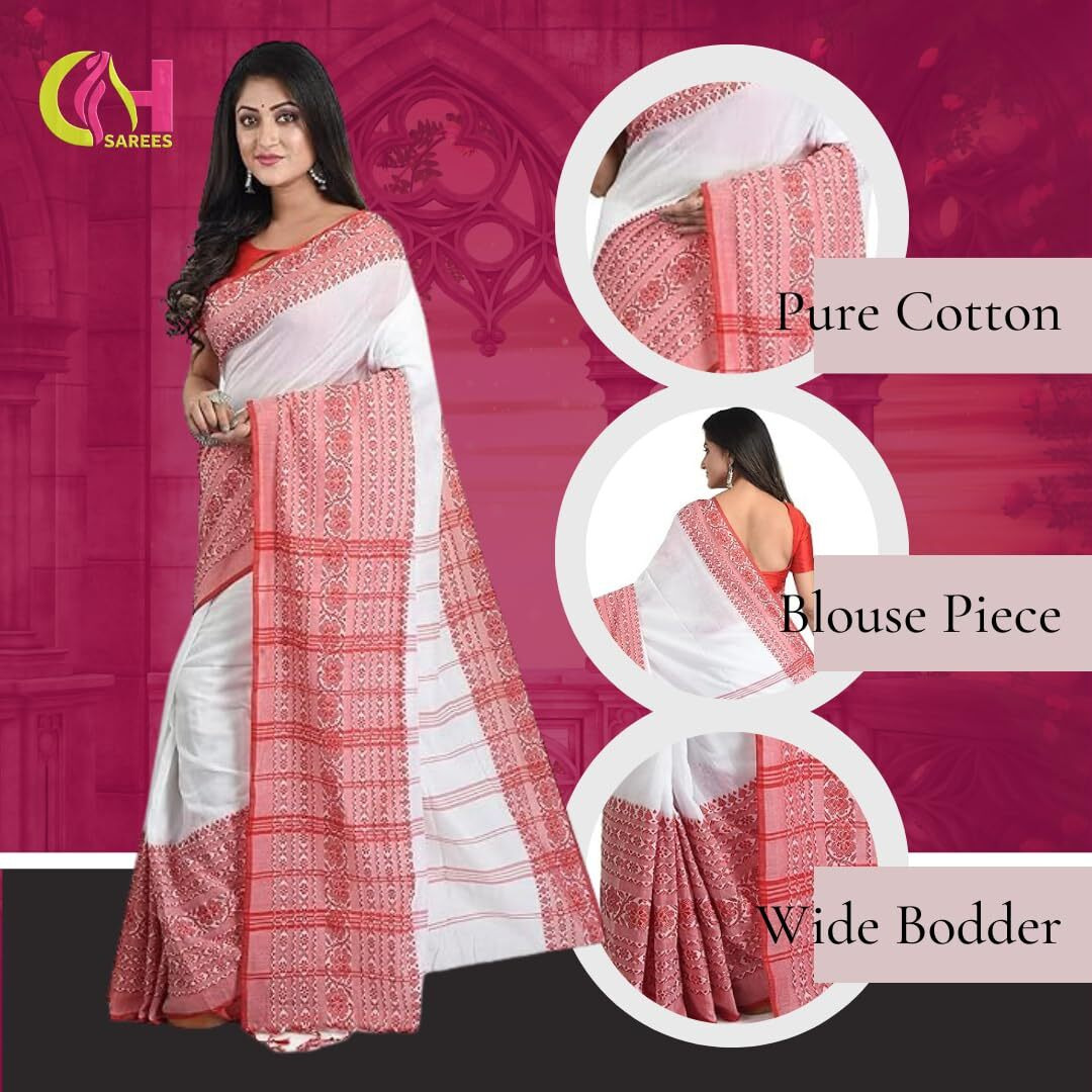 CHHANDA HANDLOOM SAREES Womens Pure Cotton Saree  Bengali Sarees White and Red Border White Saree with Attached Blouse