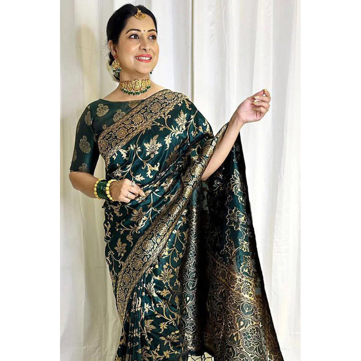 C J Enterprise Womens Banarasi Saree Pure Kanjivaram Silk Saree Soft Design Wear Pattu Sarees Party Latest Cotton With Blouse Piece Kanchipuram for Wedding sadi new Sari 2024 2023 (Navya Dark Green)
