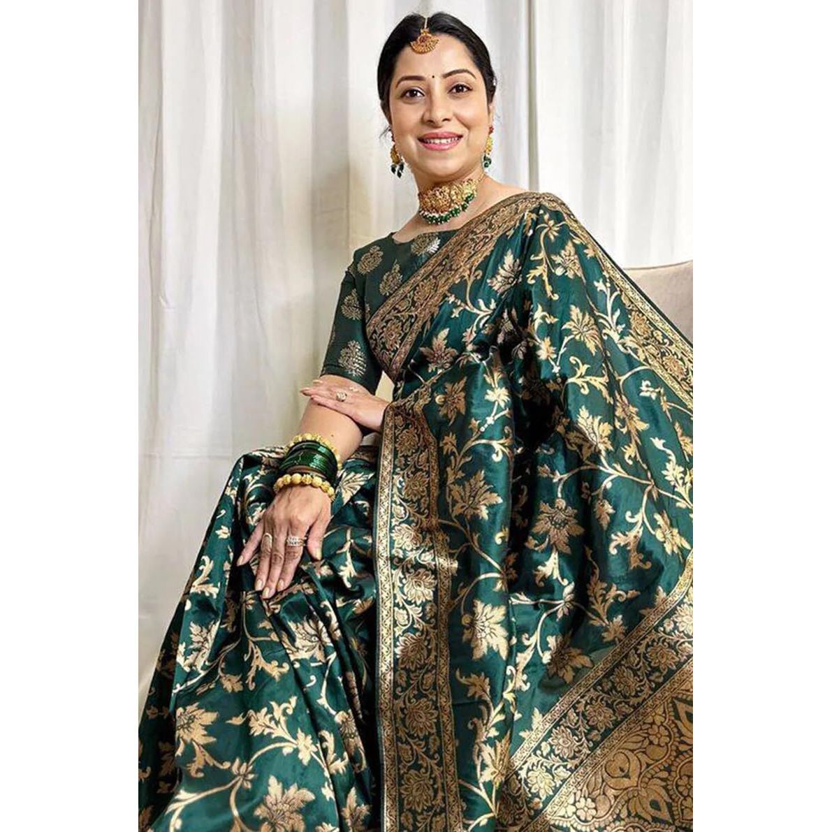 C J Enterprise Womens Banarasi Saree Pure Kanjivaram Silk Saree Soft Design Wear Pattu Sarees Party Latest Cotton With Blouse Piece Kanchipuram for Wedding sadi new Sari 2024 2023 (Navya Dark Green)