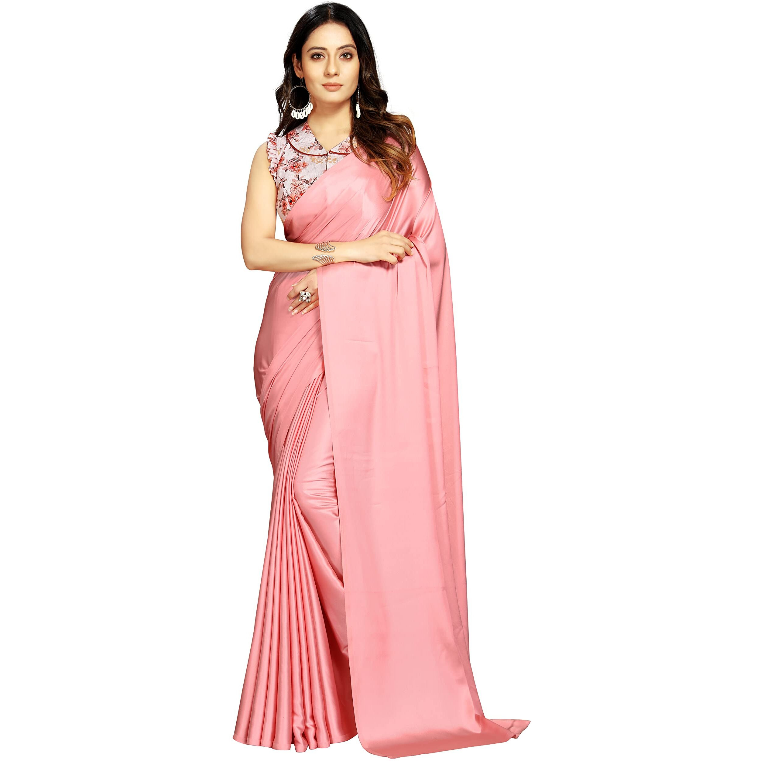 DHYANOM Womens Banarasi Pink Satin Silk Plain Saree with Designer Blouse Piece Digital Printed (Baby Pink)
