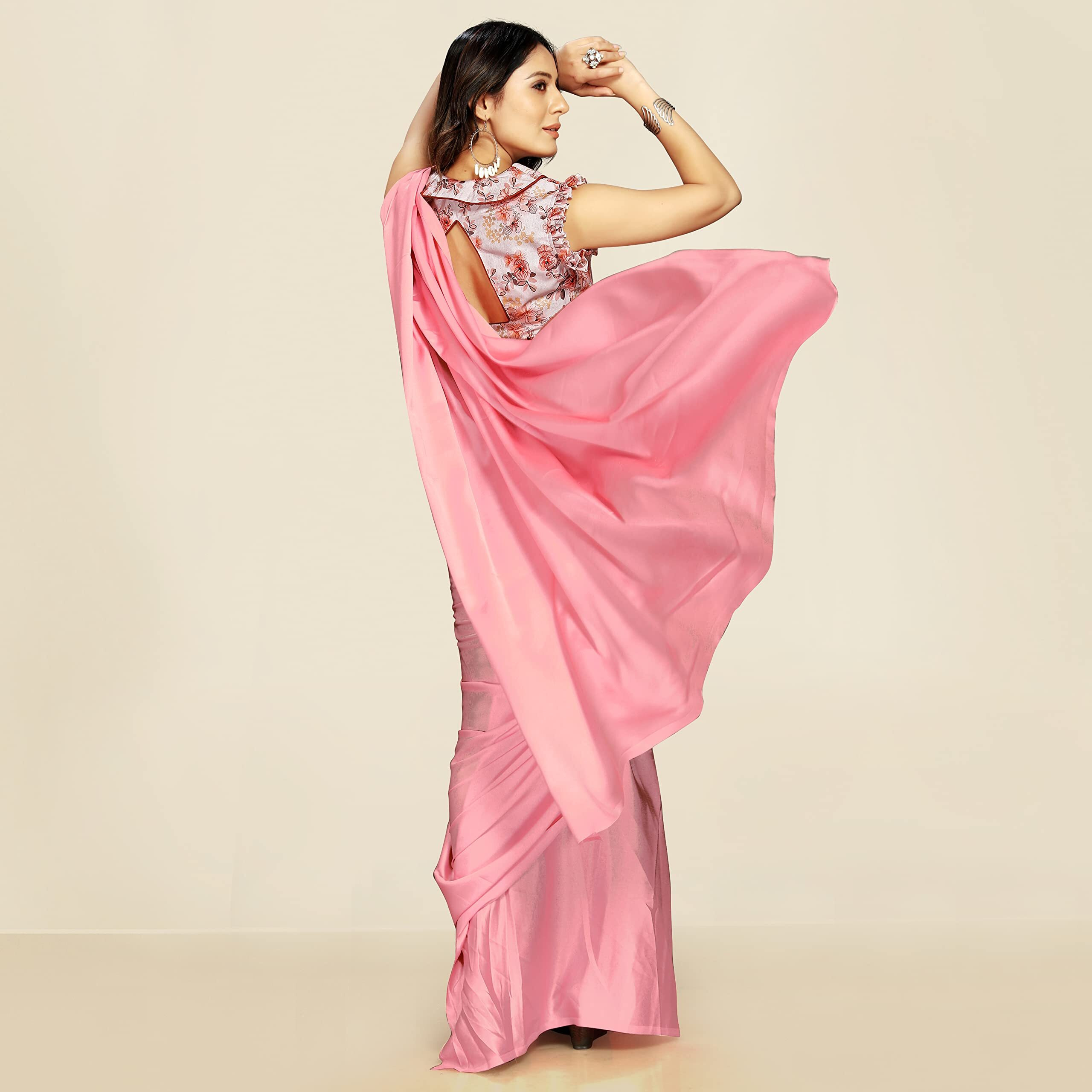 DHYANOM Womens Banarasi Pink Satin Silk Plain Saree with Designer Blouse Piece Digital Printed (Baby Pink)