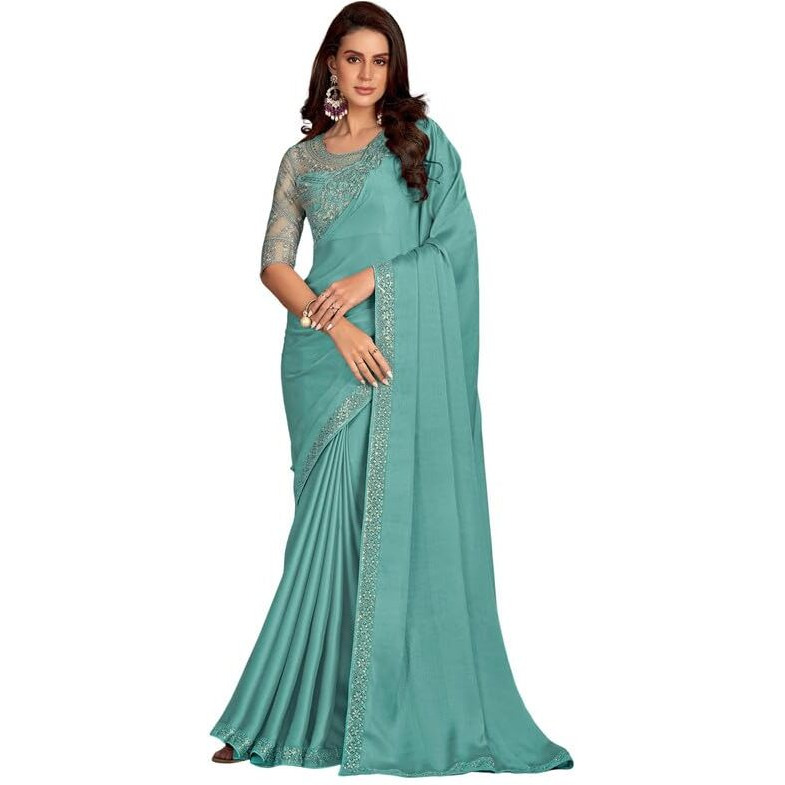 SIRIL Womens Satin Sequence Embroidery Saree With Unstitched Blouse Piece (3557S105_Sky Blue)