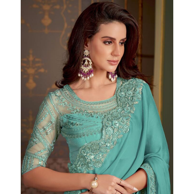 SIRIL Womens Satin Sequence Embroidery Saree With Unstitched Blouse Piece (3557S105_Sky Blue)