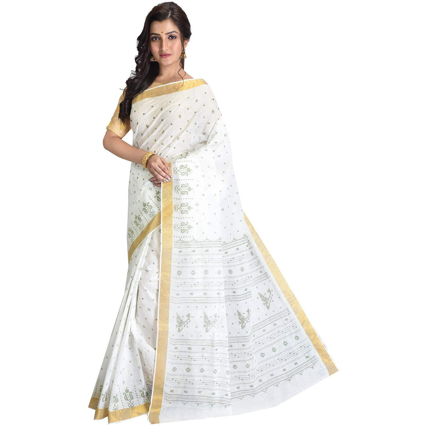 Raj Sarees Womens Baluchari Cotton Saree with Blouse (Off-White)