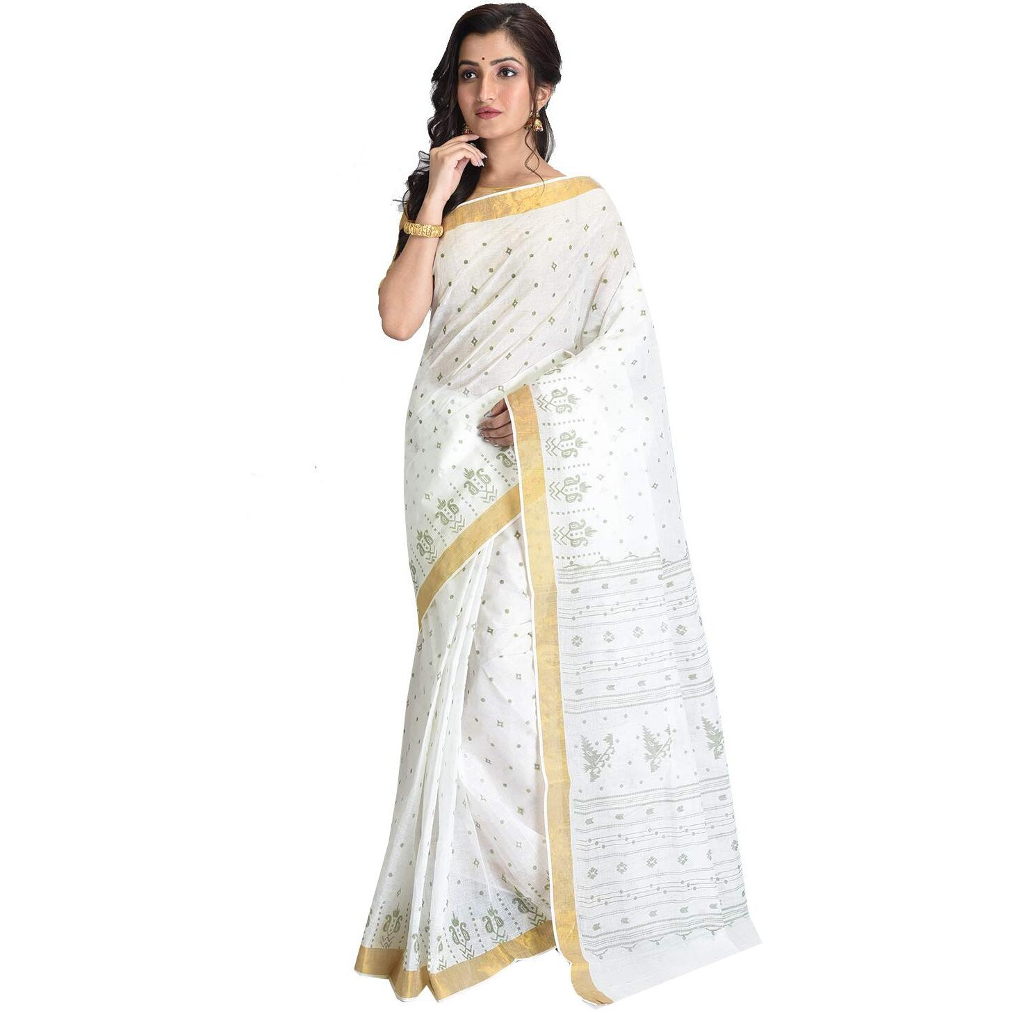Raj Sarees Womens Baluchari Cotton Saree with Blouse (Off-White)