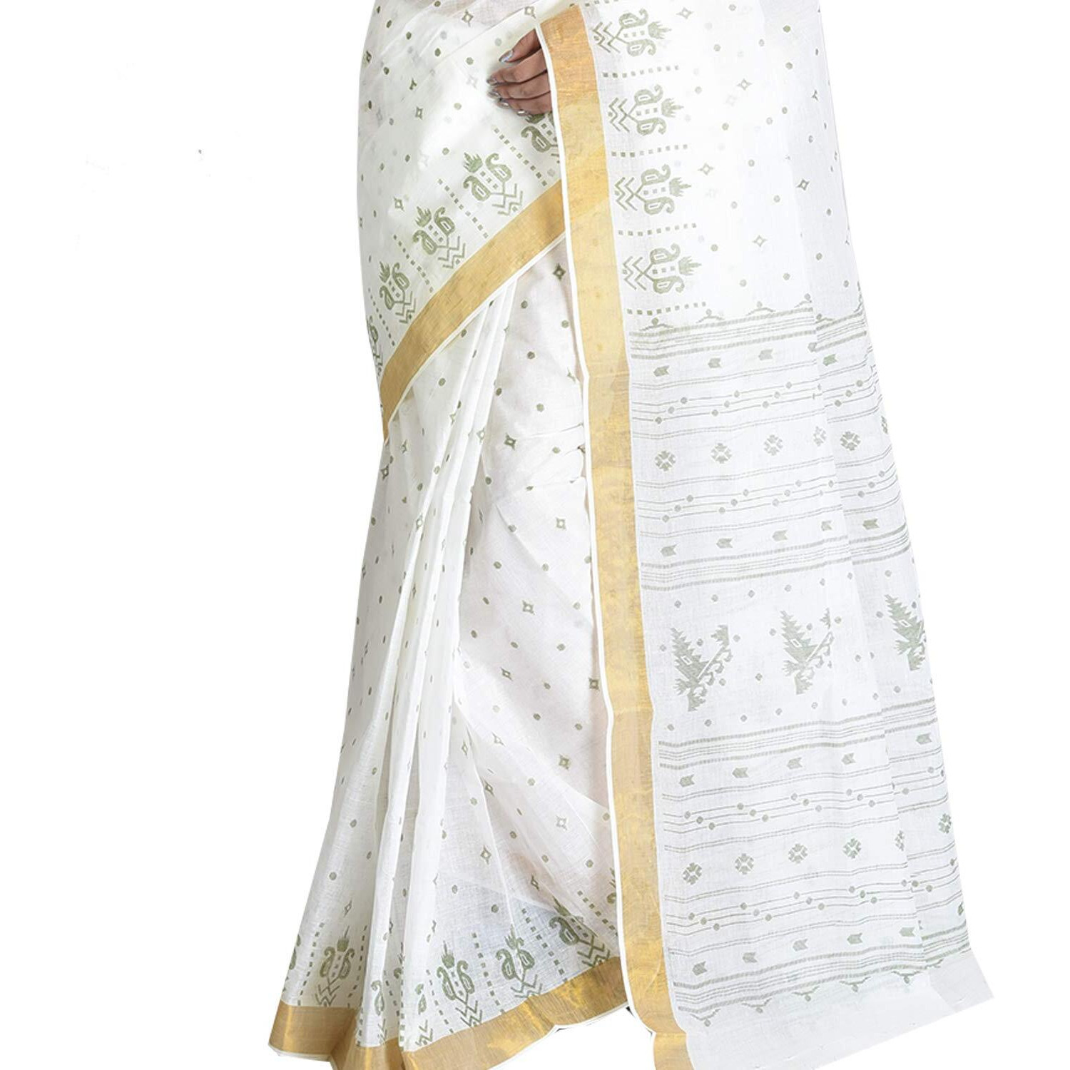 Raj Sarees Womens Baluchari Cotton Saree with Blouse (Off-White)