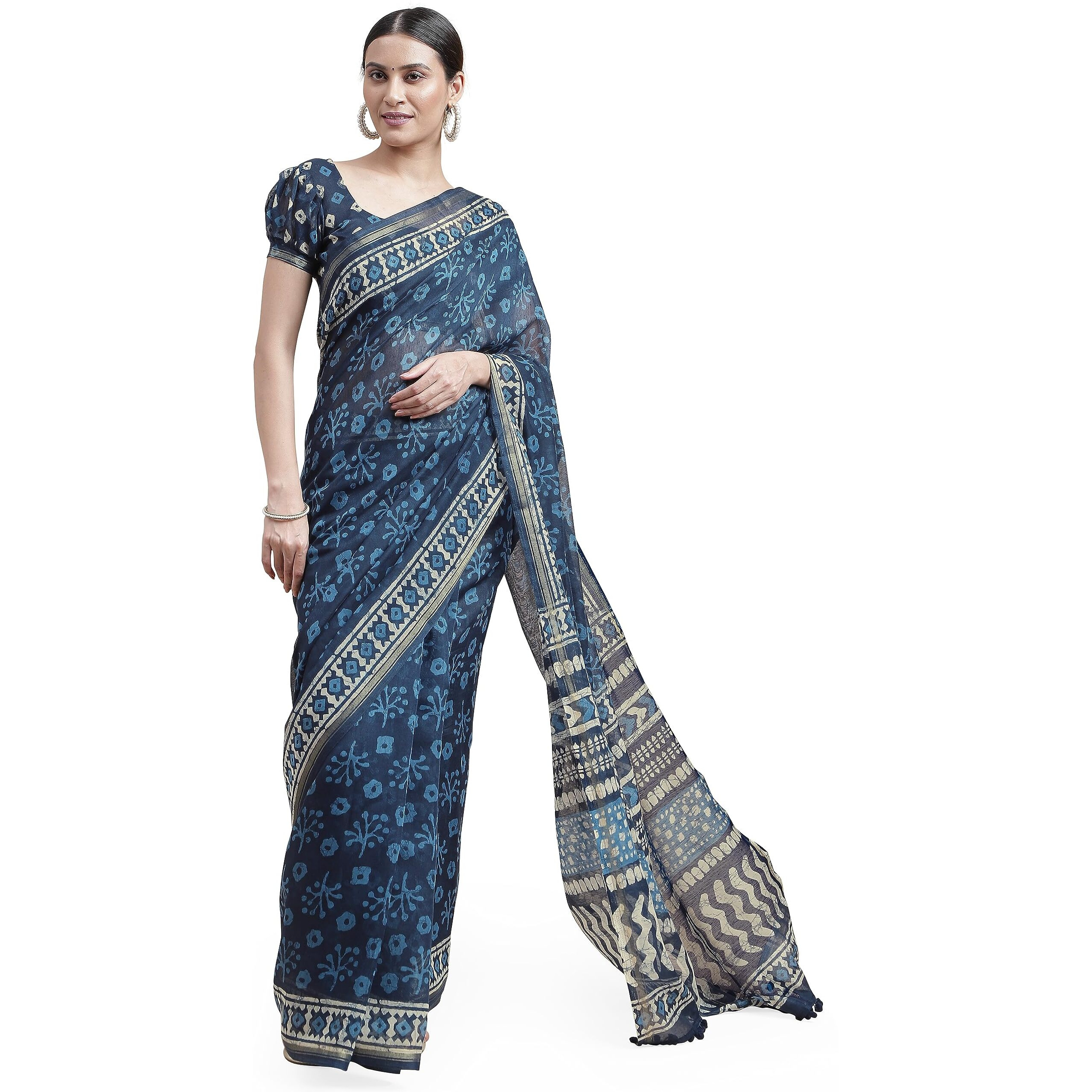 MIRCHI FASHION Womens Plain Weave Cotton Blend Batik Style Abstract Printed Saree with Blouse Piece (35761-Navy Blue, White)