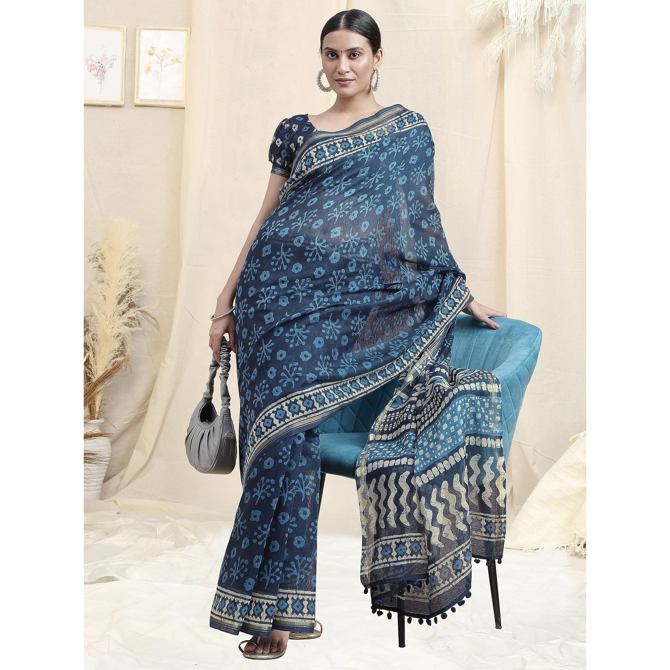 MIRCHI FASHION Womens Plain Weave Cotton Blend Batik Style Abstract Printed Saree with Blouse Piece (35761-Navy Blue, White)