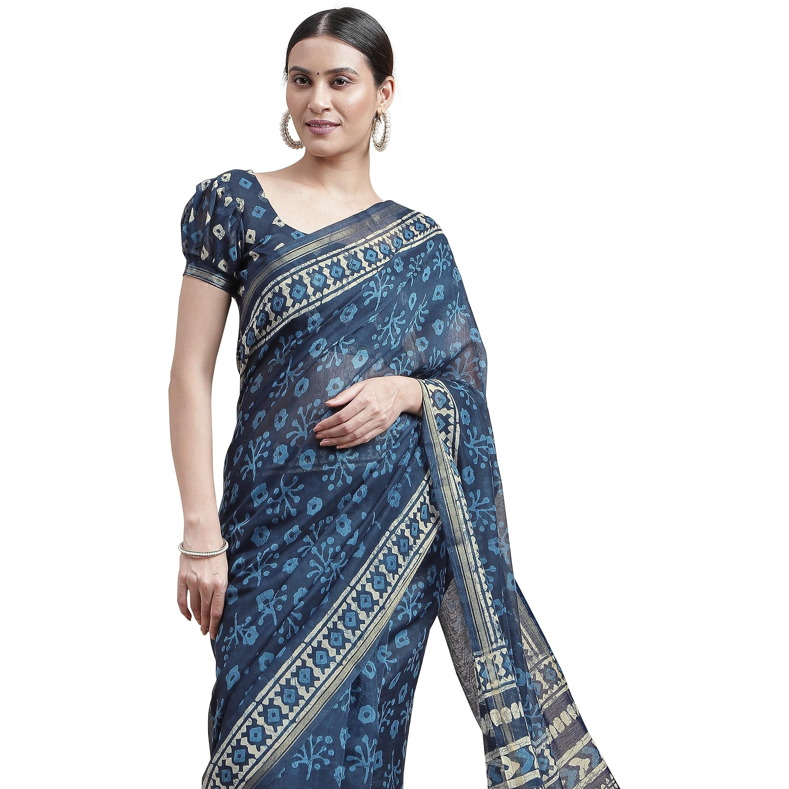 MIRCHI FASHION Womens Plain Weave Cotton Blend Batik Style Abstract Printed Saree with Blouse Piece (35761-Navy Blue, White)