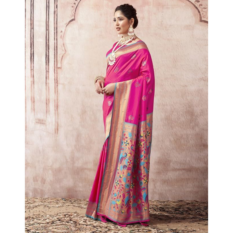 SIRIL Womens Silk Paithani Jacquard Saree With Unstitched Blouse Piece (3465S531A_Pink)
