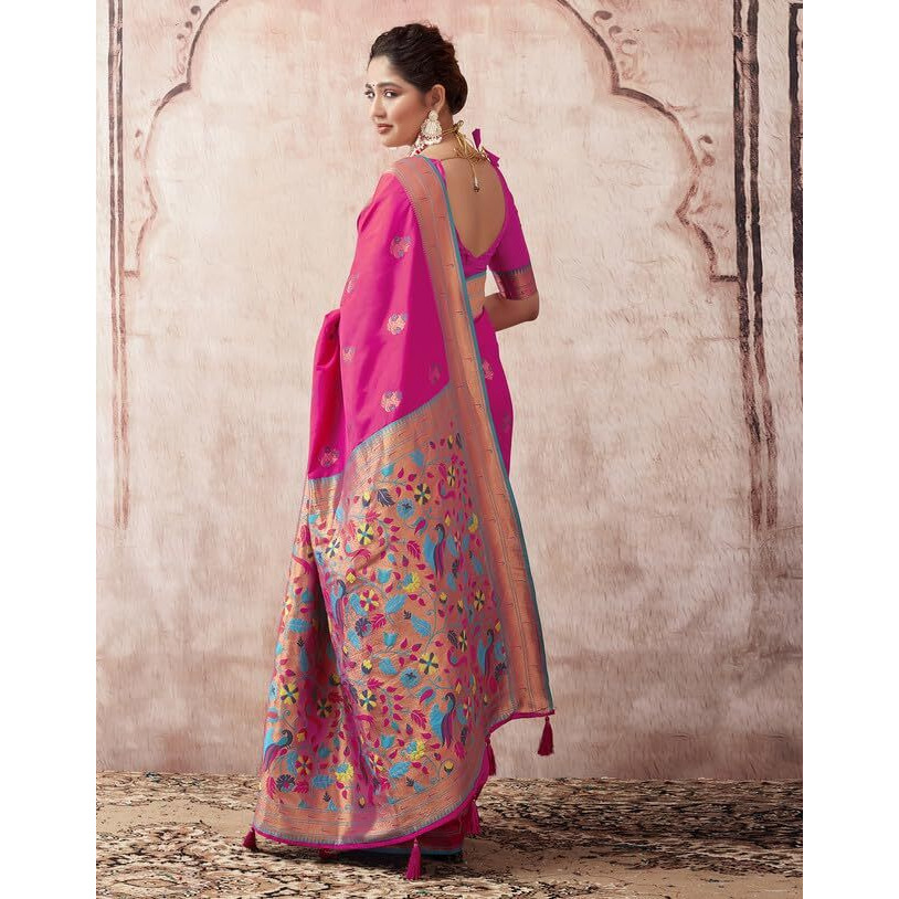 SIRIL Womens Silk Paithani Jacquard Saree With Unstitched Blouse Piece (3465S531A_Pink)