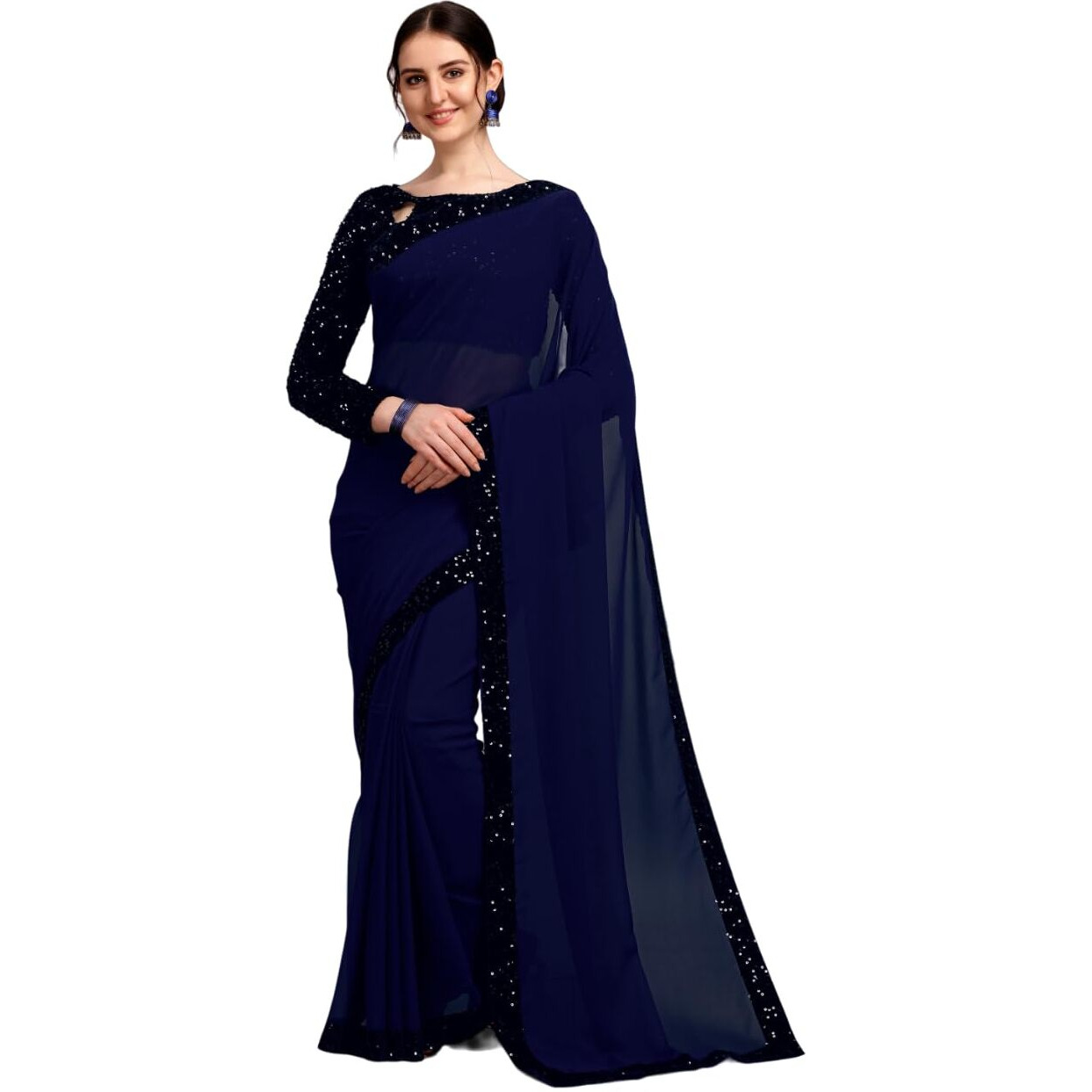 Regolith Designer Sarees women georgette sequence sarees for women with fancy saree Unstitched Blouse Piece (Blue)
