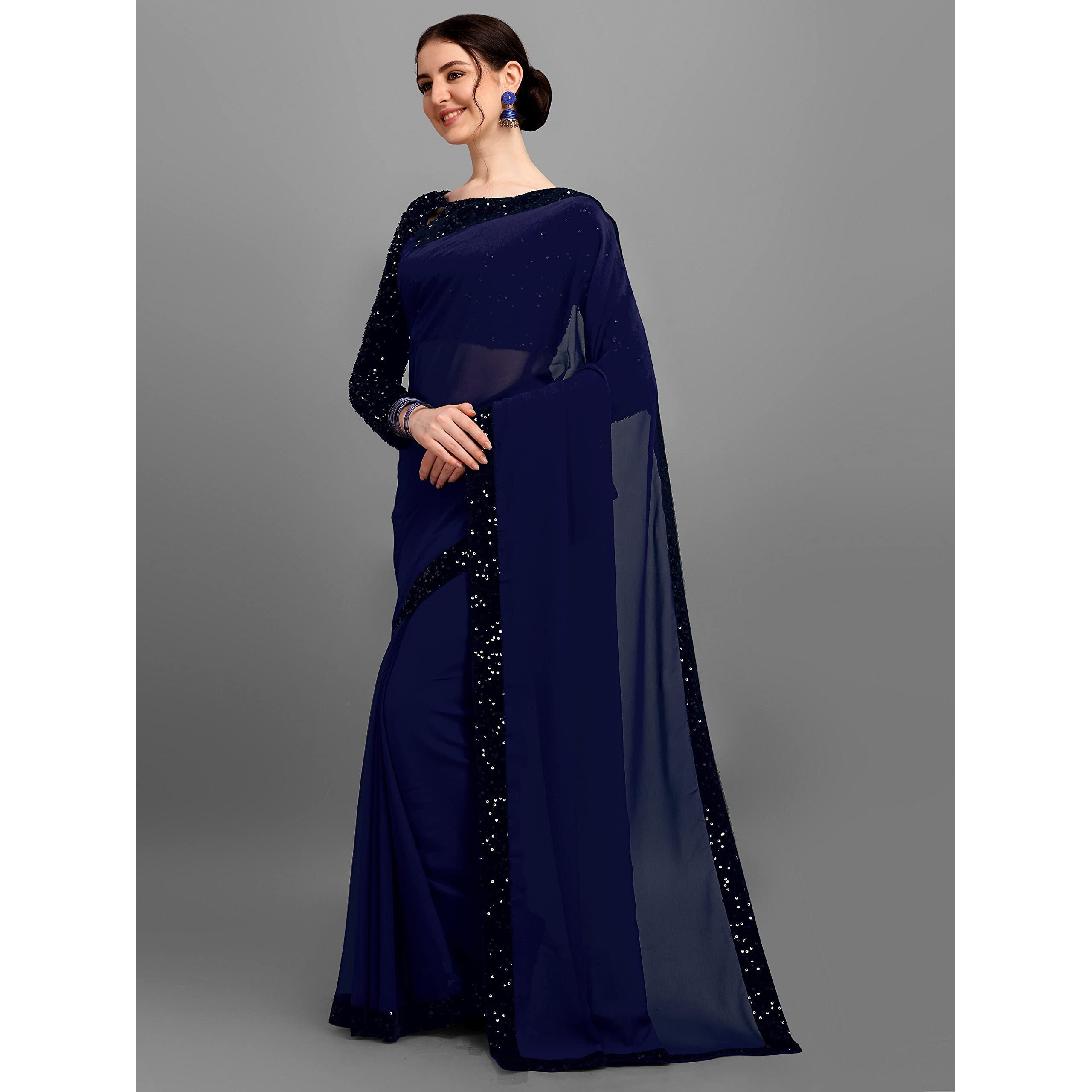 Regolith Designer Sarees women georgette sequence sarees for women with fancy saree Unstitched Blouse Piece (Blue)