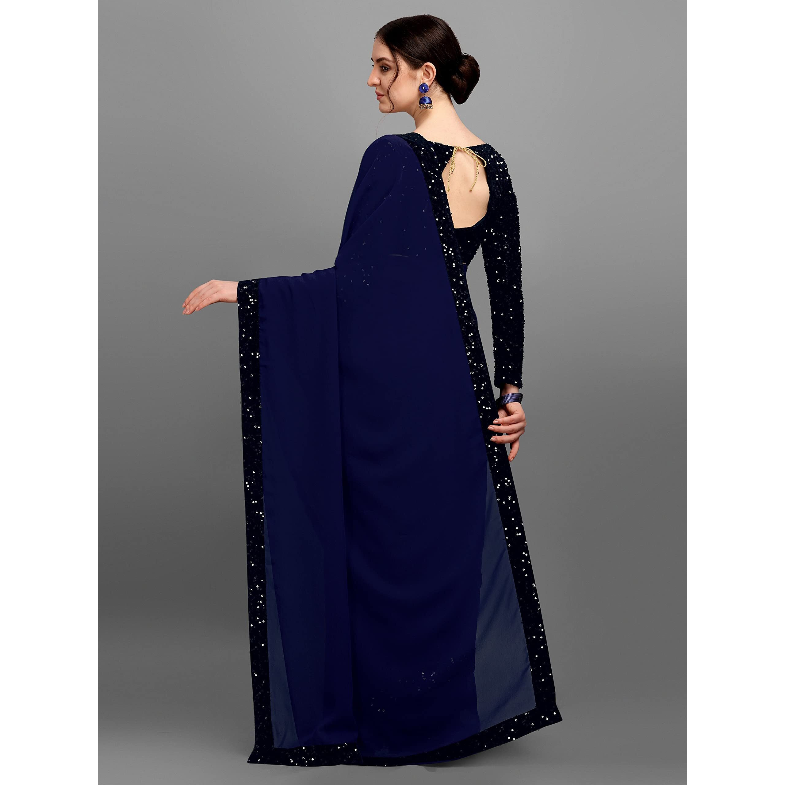 Regolith Designer Sarees women georgette sequence sarees for women with fancy saree Unstitched Blouse Piece (Blue)