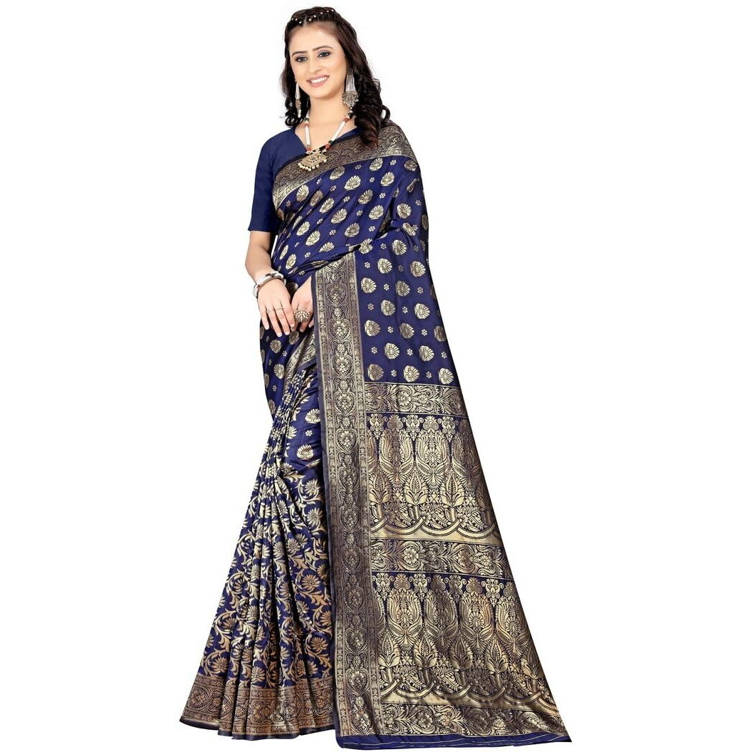 Sugathari Womens Banarasi Saree Pure Kanjivaram Silk Saree Soft new ladies 2023 Design Wear Pattu Sarees Latest Party Sari collections With Blouse Piece for Wedding sadi (SAM PARI-161 NAVY BLUE)