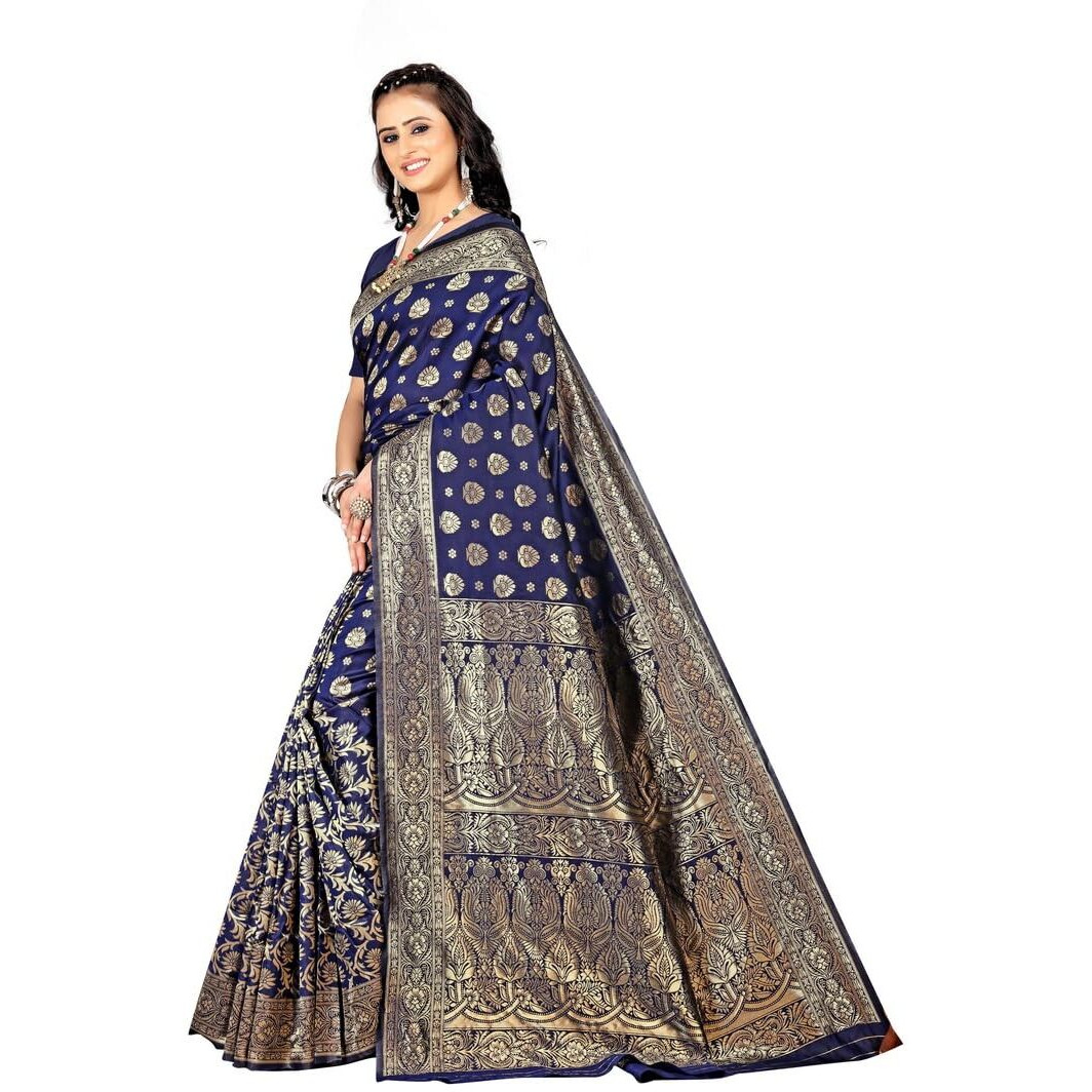 Sugathari Womens Banarasi Saree Pure Kanjivaram Silk Saree Soft new ladies 2023 Design Wear Pattu Sarees Latest Party Sari collections With Blouse Piece for Wedding sadi (SAM PARI-161 NAVY BLUE)