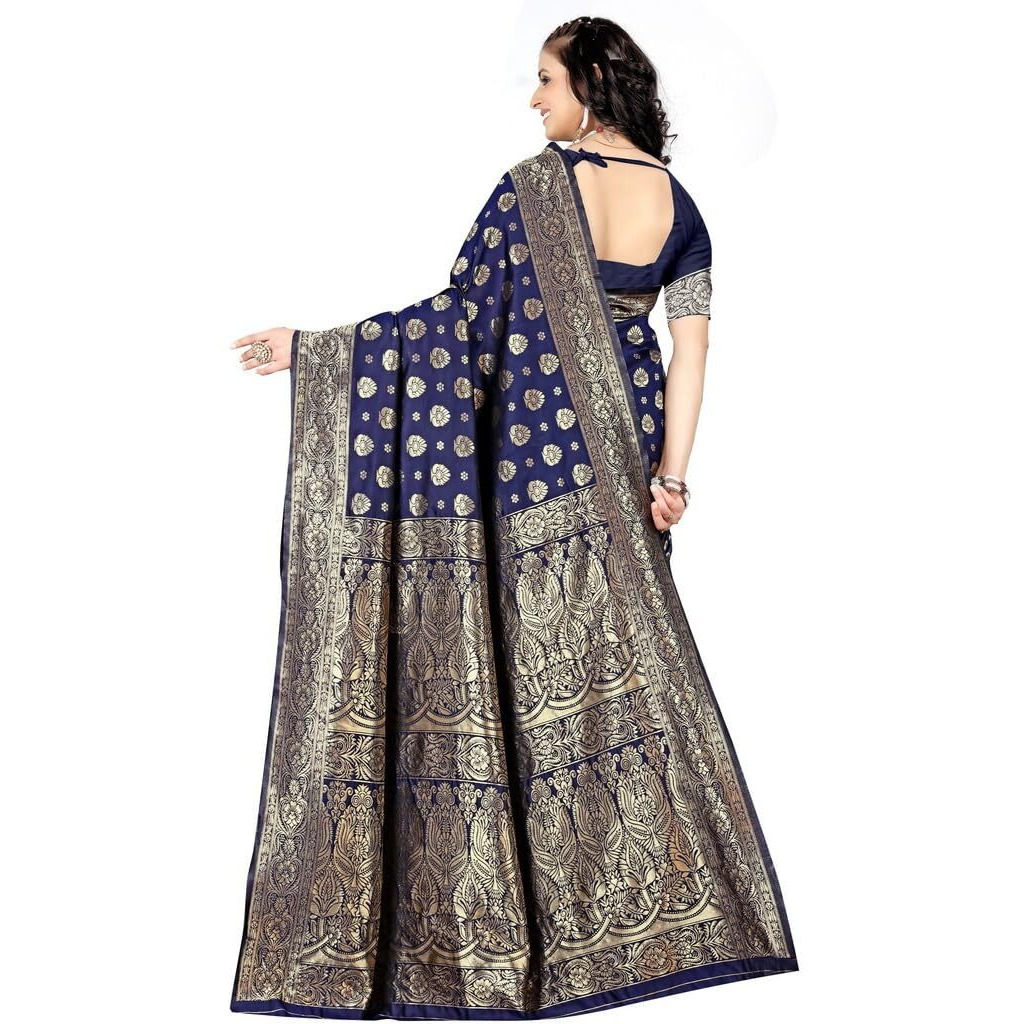 Sugathari Womens Banarasi Saree Pure Kanjivaram Silk Saree Soft new ladies 2023 Design Wear Pattu Sarees Latest Party Sari collections With Blouse Piece for Wedding sadi (SAM PARI-161 NAVY BLUE)