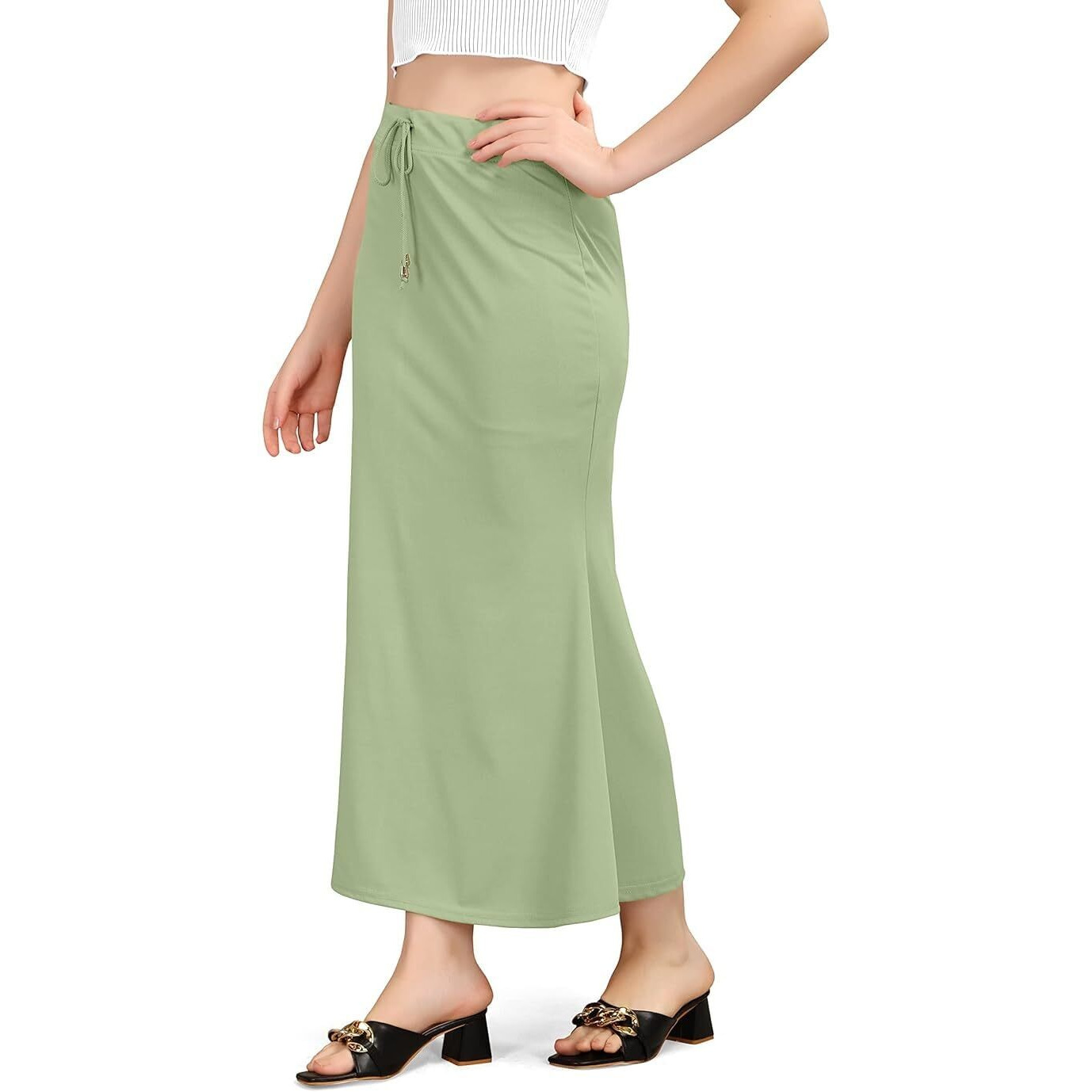 WOO THING Lycra Fishcut Saree Shapewear Stretchable Petticoat for Women Shapewear Dress for Saree (M, Light Green)