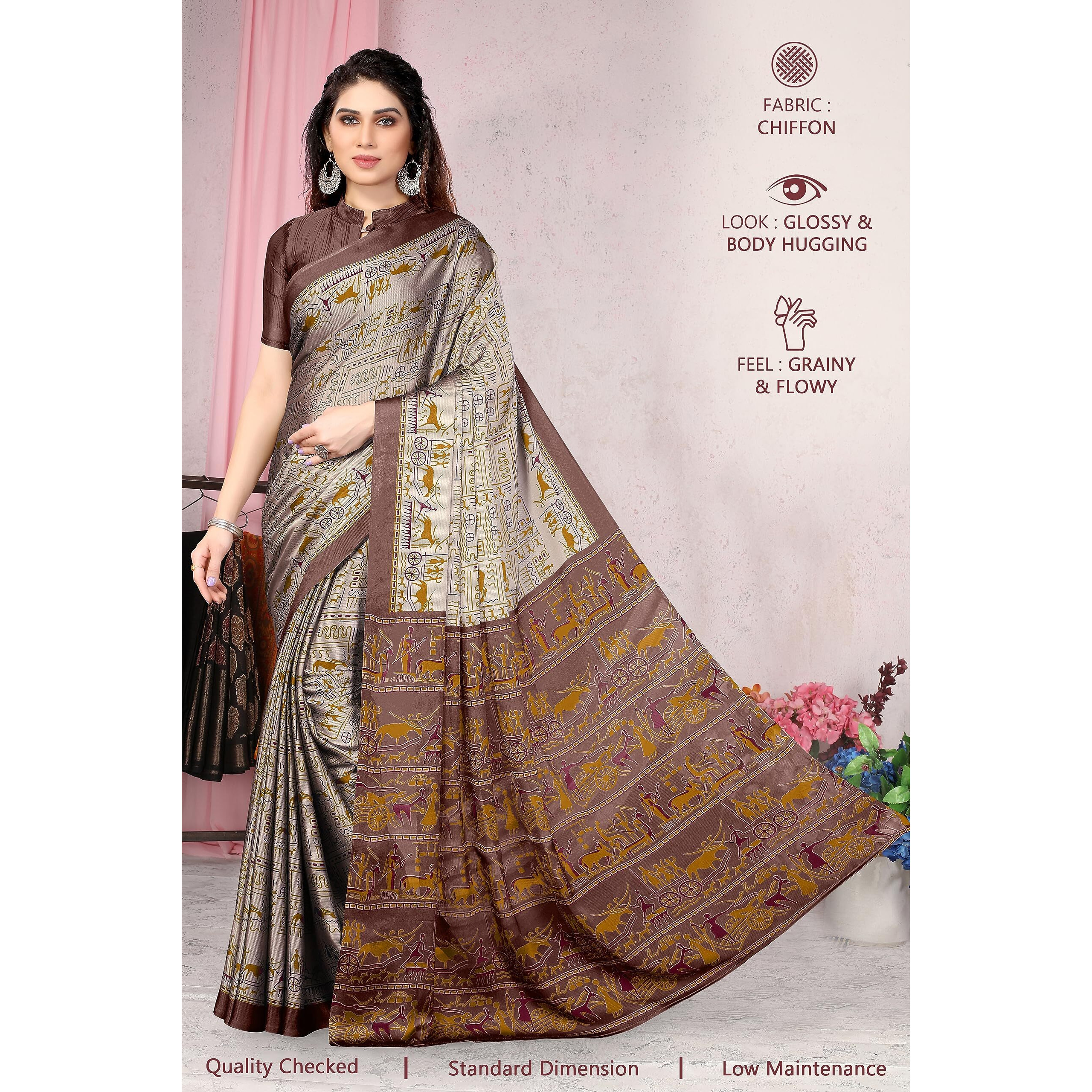 MIRCHI FASHION Womens Plain Weave Chiffon Tribal Printed Saree with Blouse Piece (37864-Beige, Mustard)