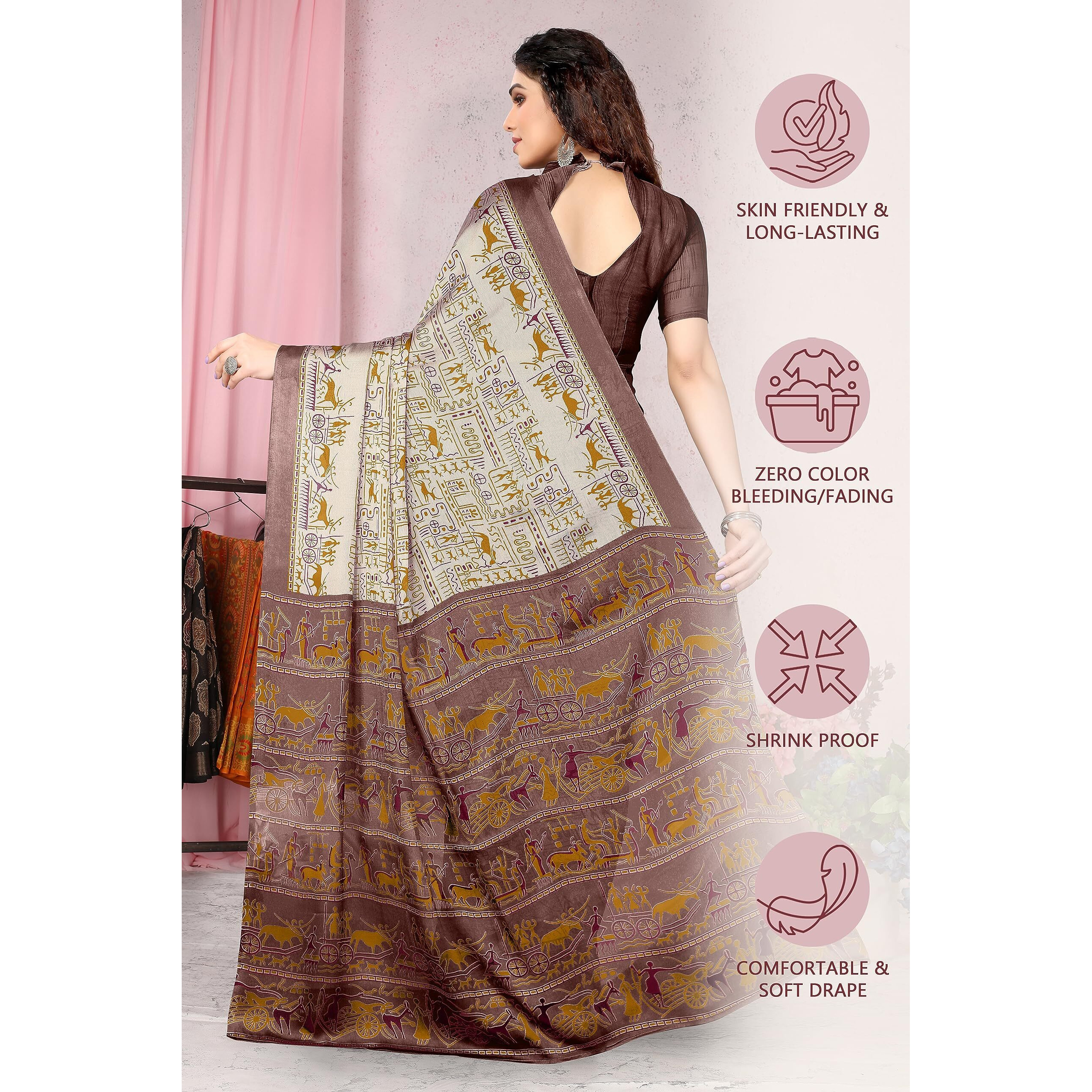MIRCHI FASHION Womens Plain Weave Chiffon Tribal Printed Saree with Blouse Piece (37864-Beige, Mustard)