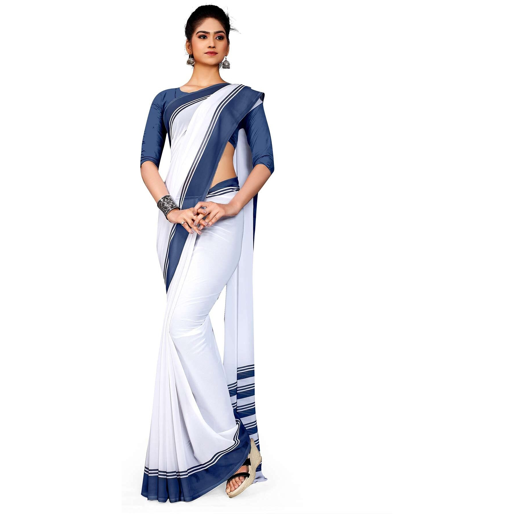 Uniform Sarees Corp Grey White Premium Georgette Mother Teresa Hospital Uniform Sarees for Housekeeping Staff (1623-E)