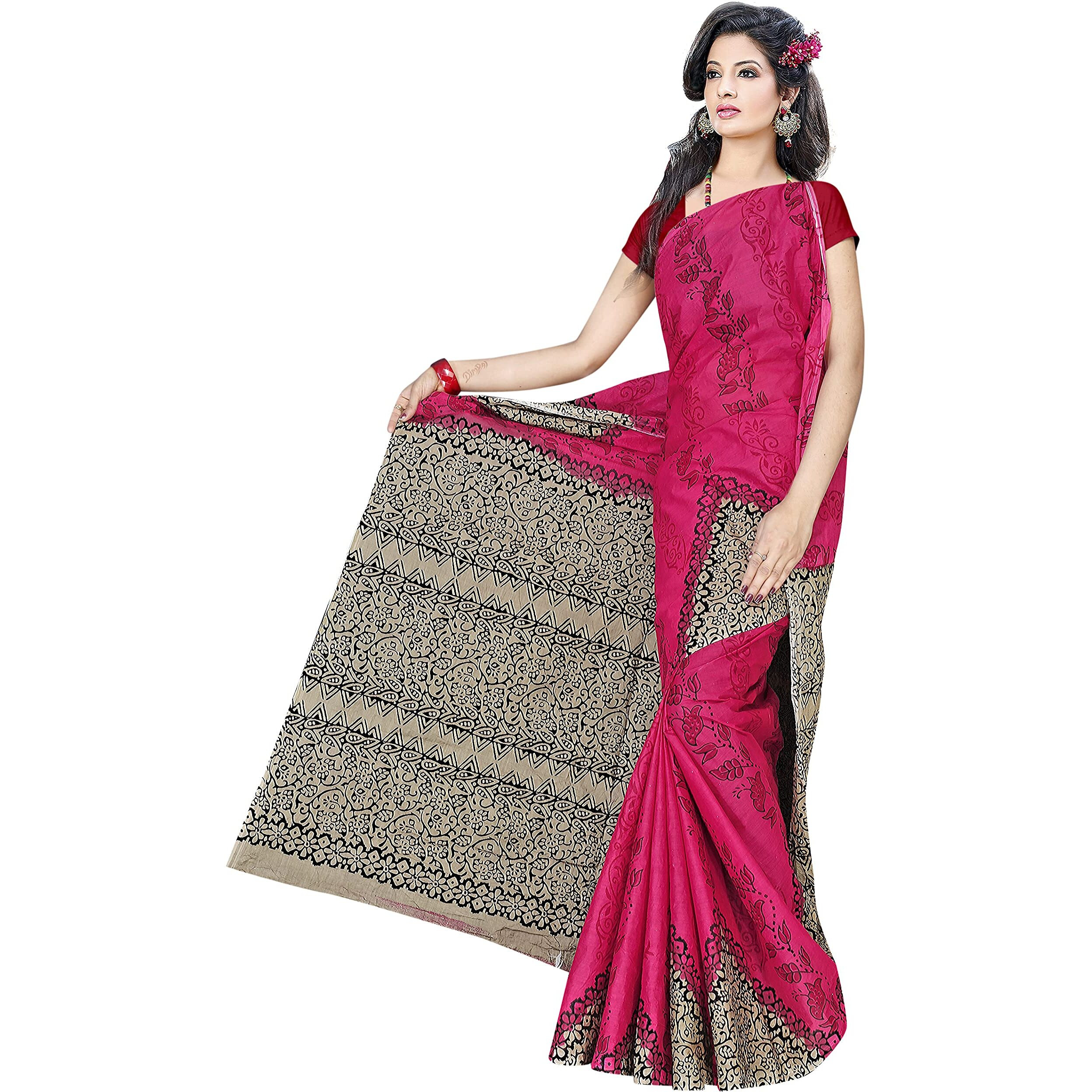 TAMAIRA FASHION Womens Plain Weave Pure Cotton Saree Without Blouse Piece (AB11_Dark Pink)
