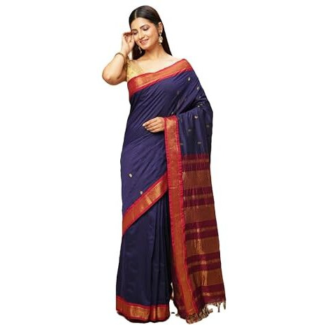 manvish drapes Gadwal Silk Cotton saree For Women | Buttas and Peacock Border Sari | South Indian Kerala Wear With Unstitched Blouse Piece - NAVY BLUE-MAROON
