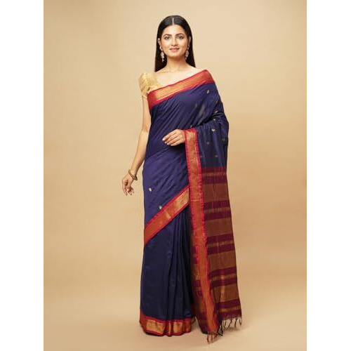 manvish drapes Gadwal Silk Cotton saree For Women | Buttas and Peacock Border Sari | South Indian Kerala Wear With Unstitched Blouse Piece - NAVY BLUE-MAROON
