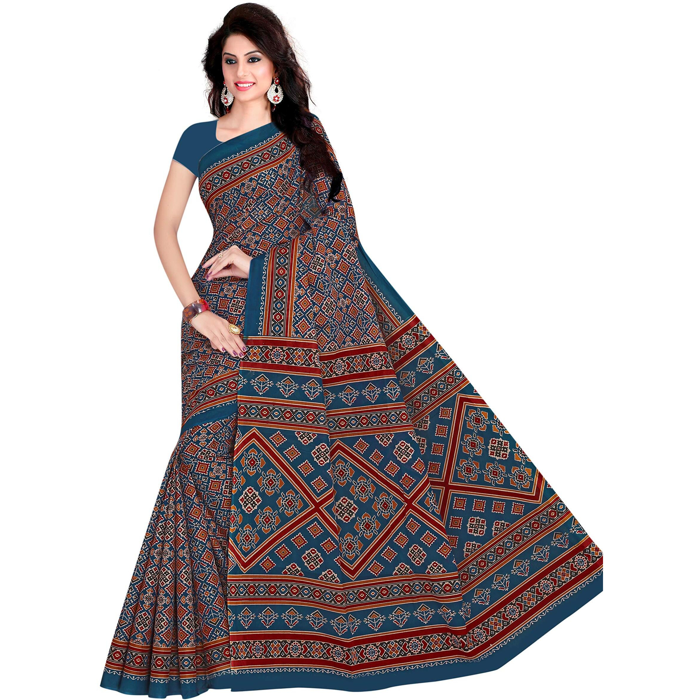 TAMAIRA FASHION Womens Plain Weave Pure Cotton Saree Without Blouse Piece (2225_Ikkat_Stunning Blue)