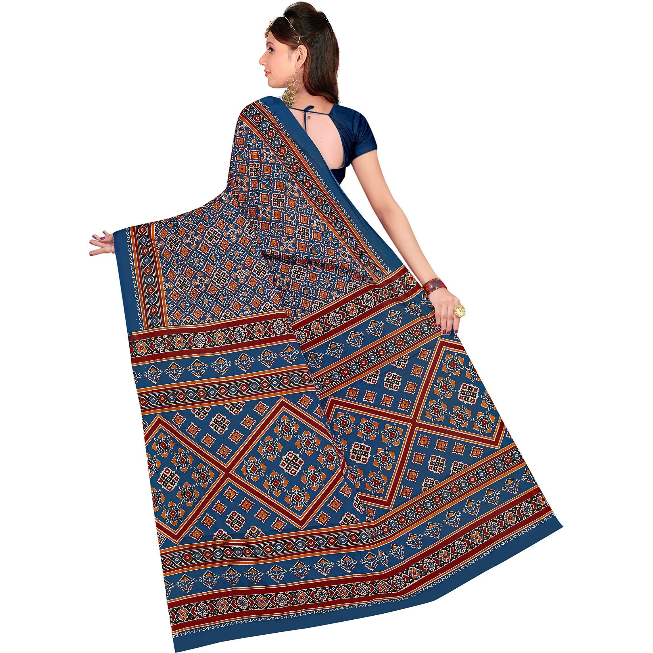 TAMAIRA FASHION Womens Plain Weave Pure Cotton Saree Without Blouse Piece (2225_Ikkat_Stunning Blue)