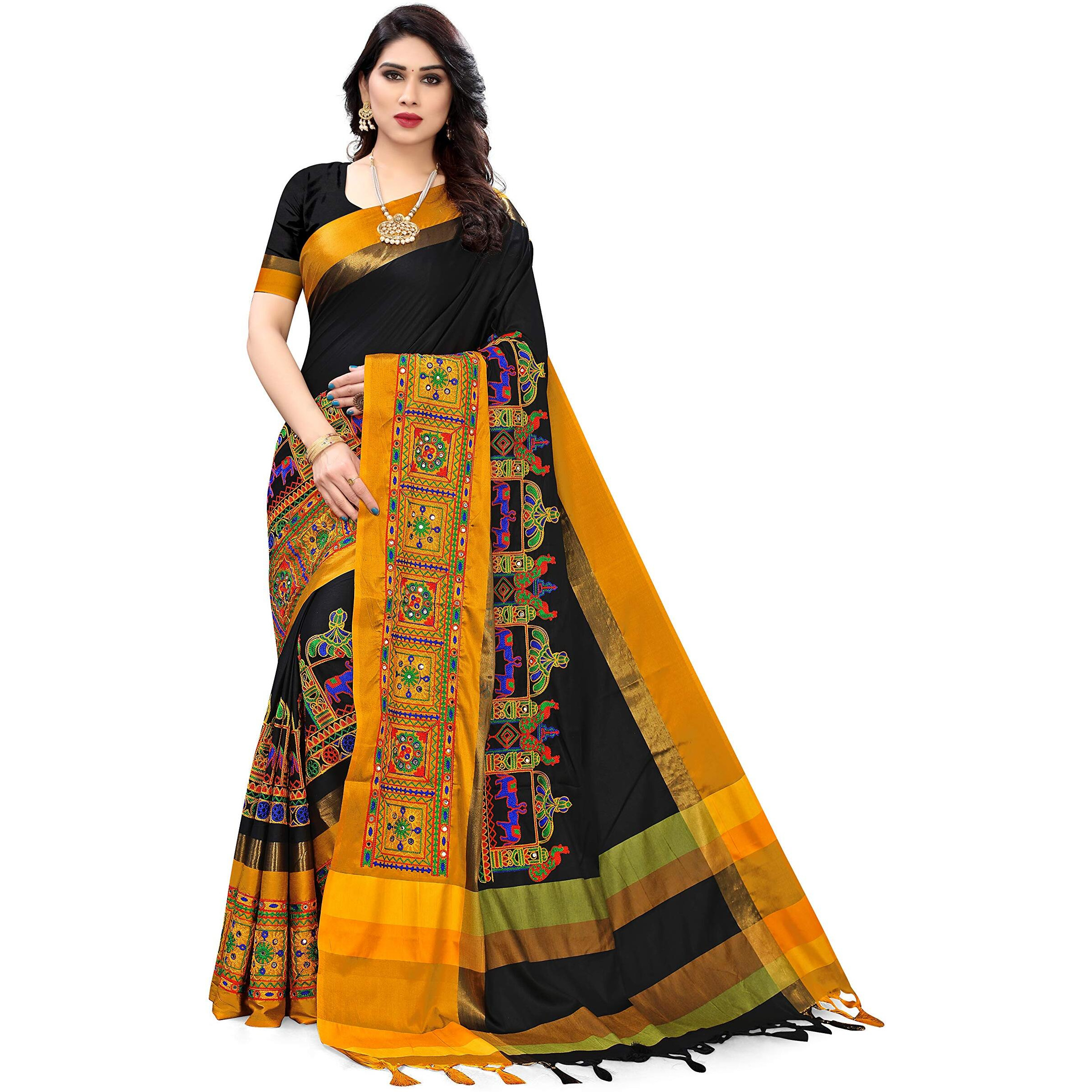 SERONA FABRICS Womens Banarasi Cotton Silk Saree With Blouse Piece (SERONA1032__Black, Yellow)
