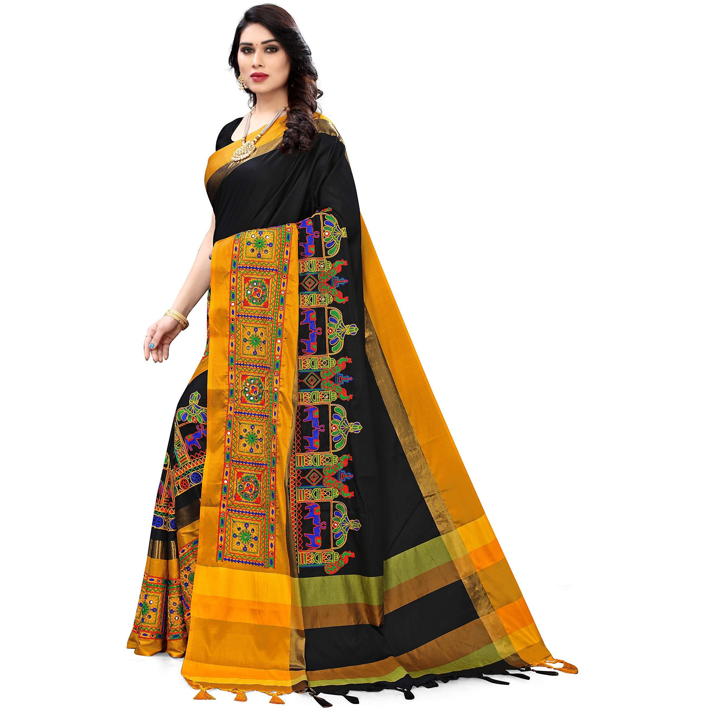 SERONA FABRICS Womens Banarasi Cotton Silk Saree With Blouse Piece (SERONA1032__Black, Yellow)