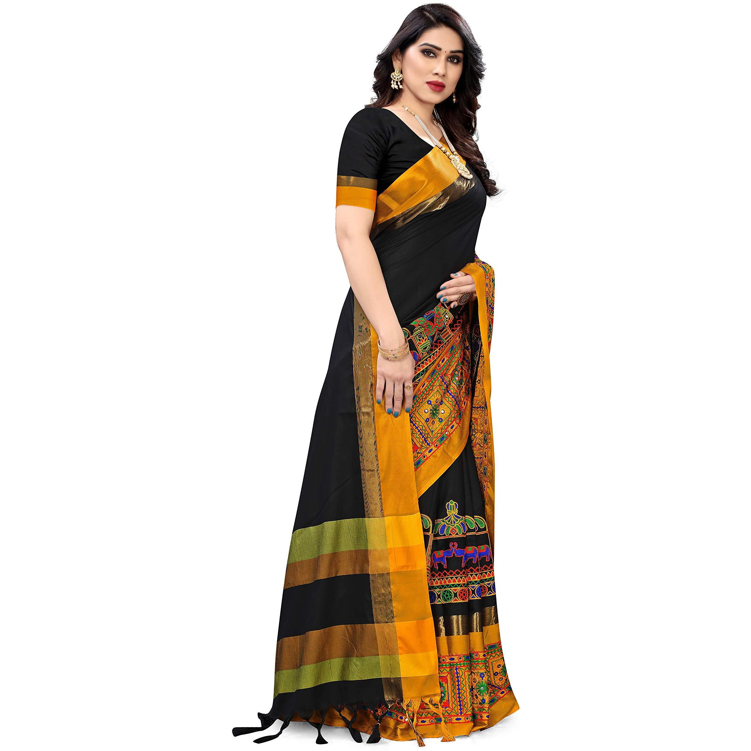 SERONA FABRICS Womens Banarasi Cotton Silk Saree With Blouse Piece (SERONA1032__Black, Yellow)
