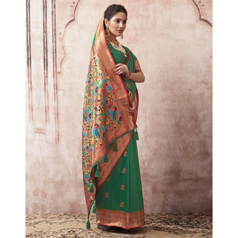SIRIL Womens Silk Paithani Jacquard Saree With Unstitched Blouse Piece (3465S532A_Green)