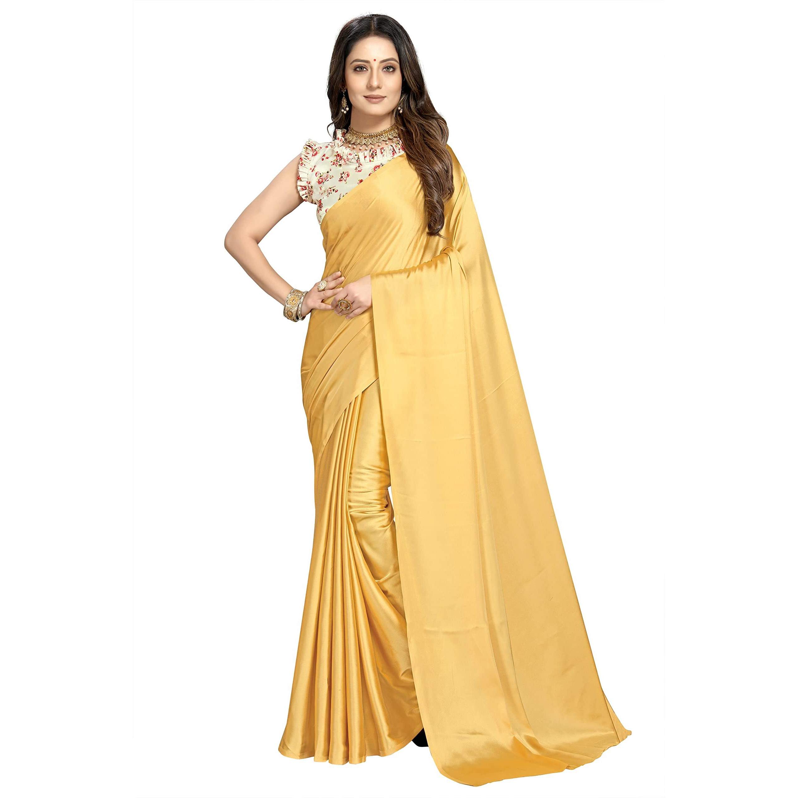 Cloud walker Women Soft Satin Silk Saree With Digital Printed Unstiched Blouse Piece(5.5m Saree +0.8m Blouse Piece). (GOLDEN)