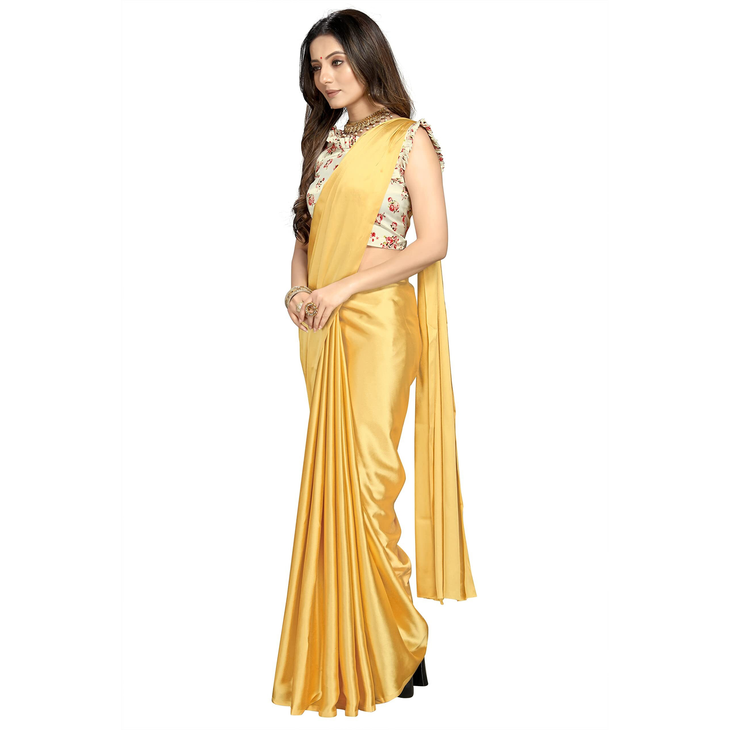 Cloud walker Women Soft Satin Silk Saree With Digital Printed Unstiched Blouse Piece(5.5m Saree +0.8m Blouse Piece). (GOLDEN)